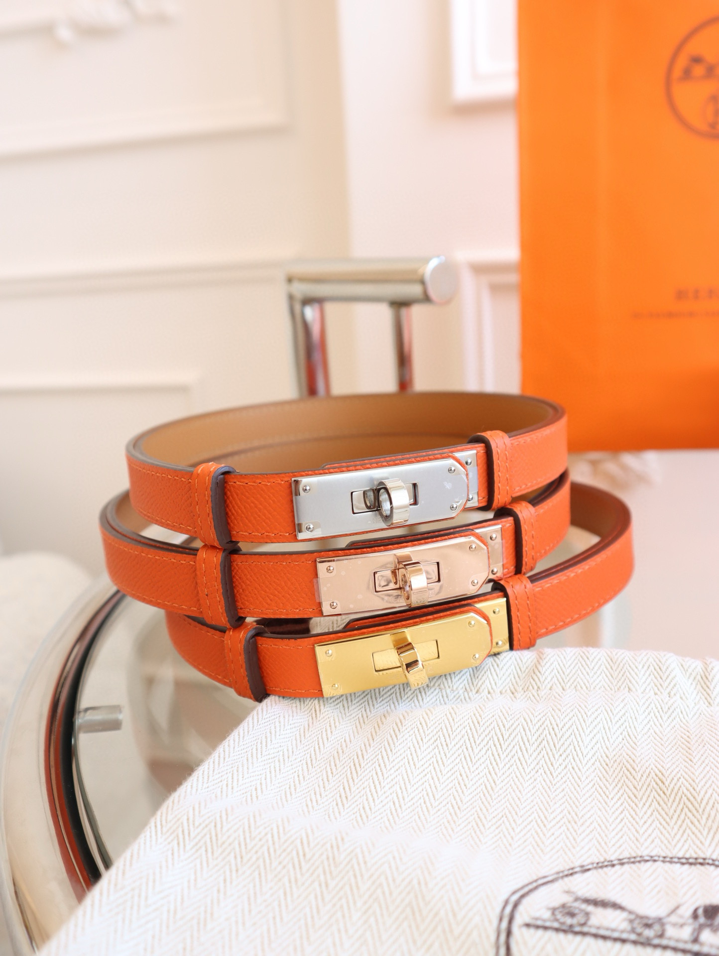 Hermes Orange Kelly Mini leather Belt 18mm