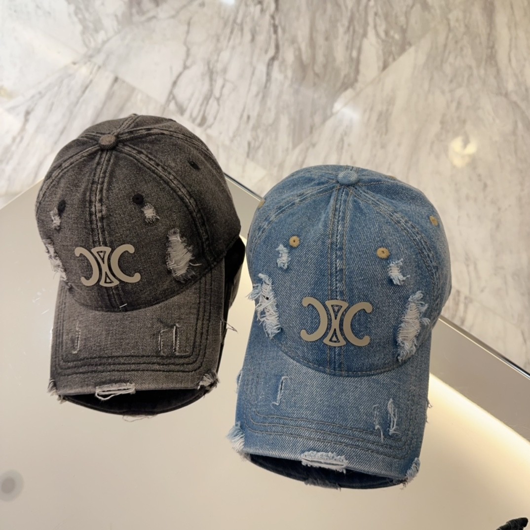 Celine Triomphe Patch Distressed Denim Adjustable Baseball Cap - KAIROO