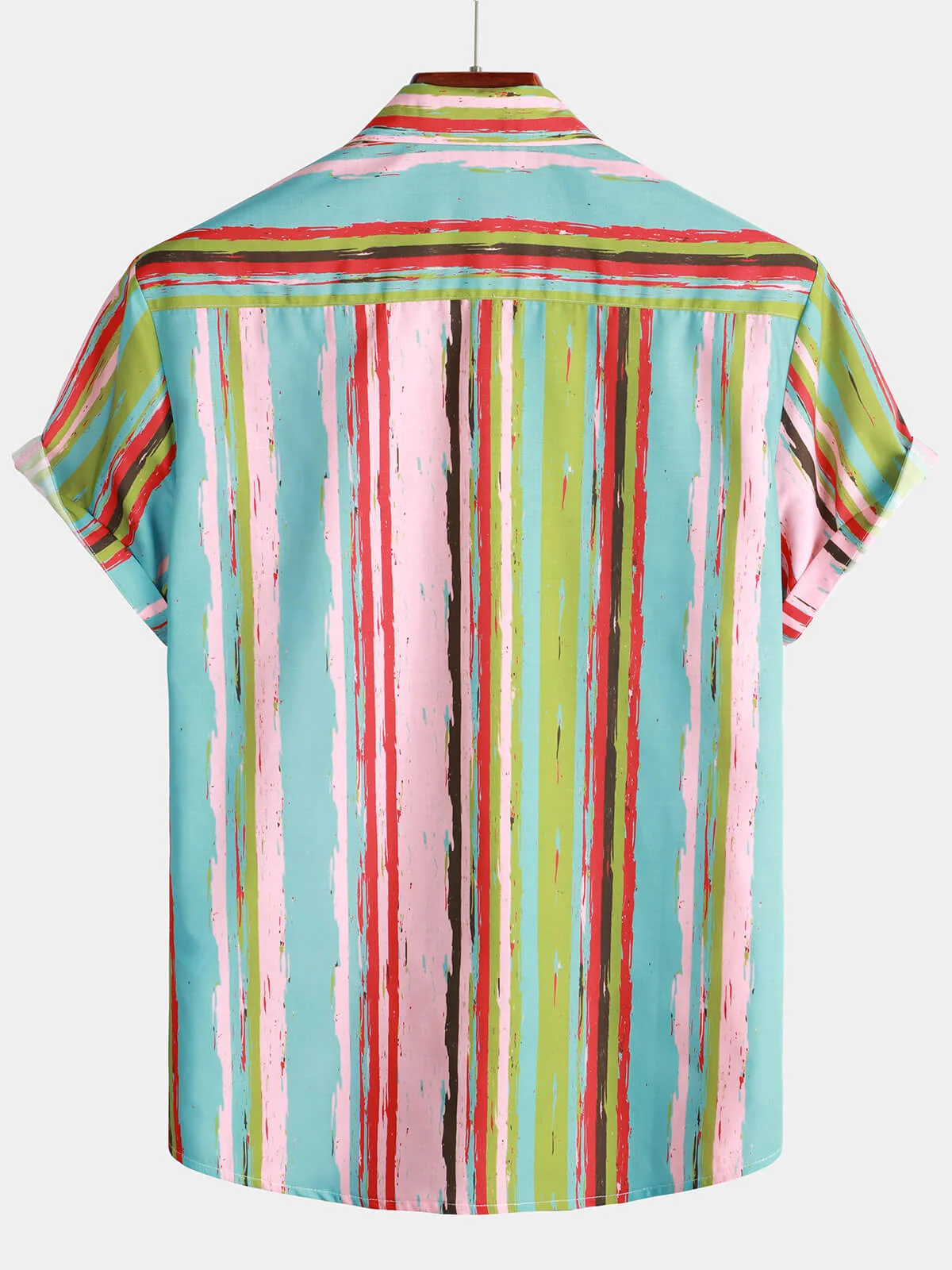 Men's Retro Green Pink Striped Casual Summer Short Sleeve Shirt