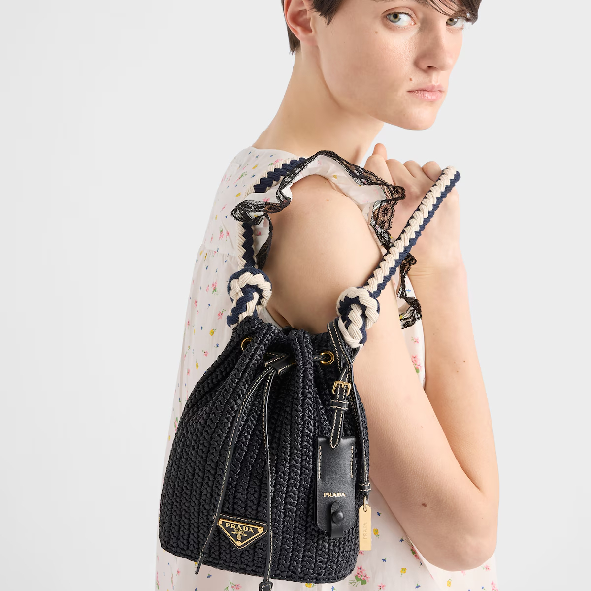 Prada Crochet Raffia black mini Bucket Bag with Rope Handles