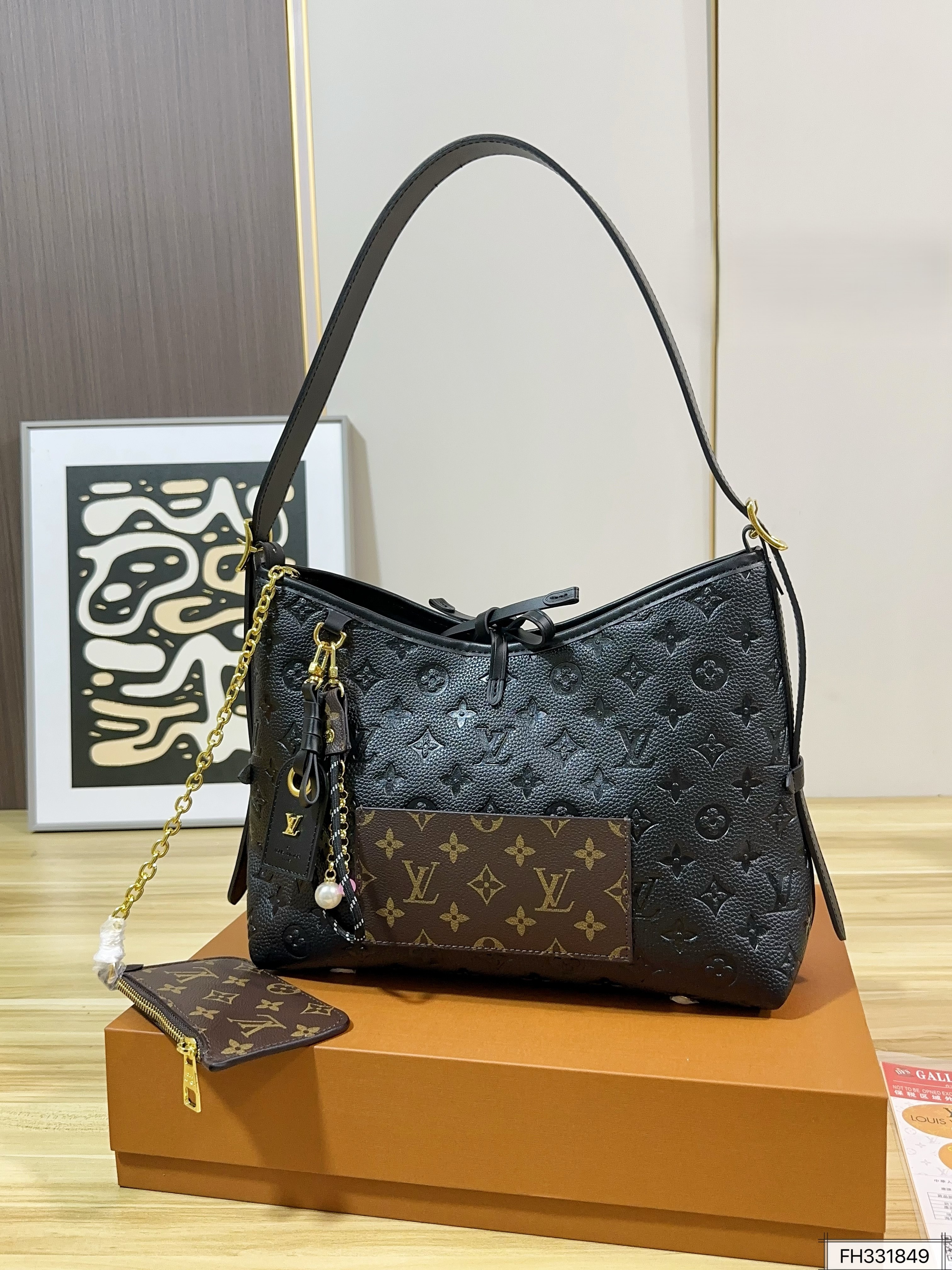 Louis Vuitton LV Carryall PM Black Monogram Empreinte Leather Front Pouch Hobo Tote Shoulder Bag - KAIROO
