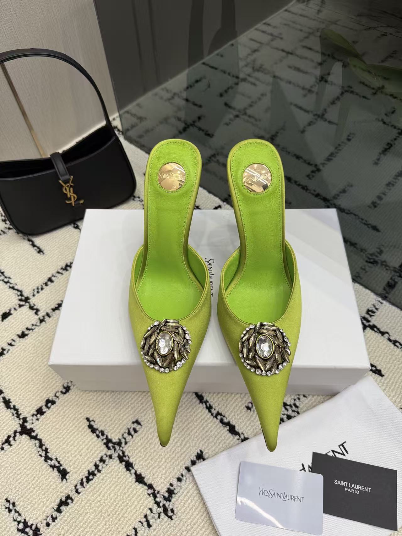 Saint Laurent YSL Lime Green Pointed Toe Satin Crystal Brooch Stiletto Heel Mules Sandals - KAIROO
