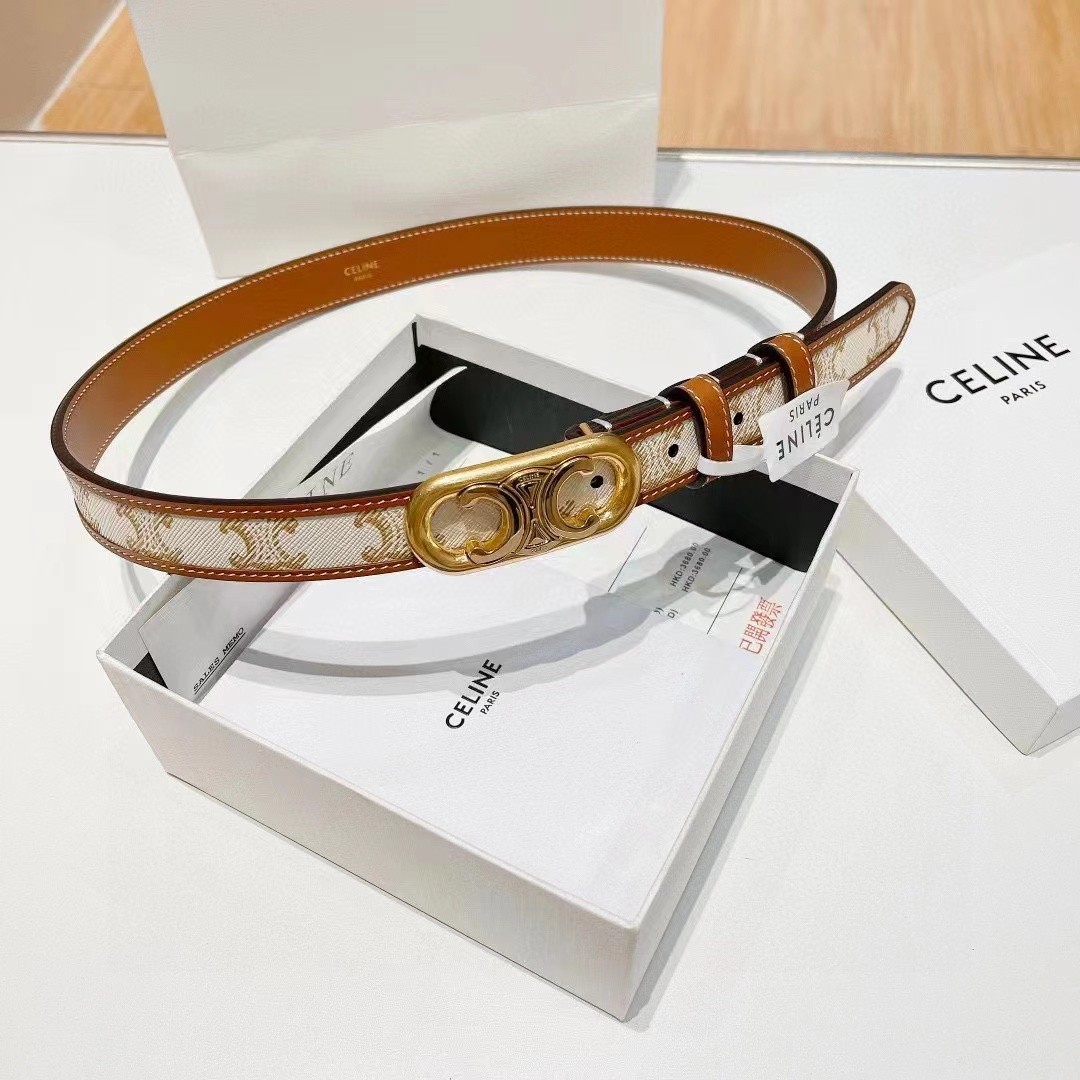 Celine 2.5cm White Triomphe Monogram Canvas Leather Gold Circle Buckle Narrow Belt - KAIROO