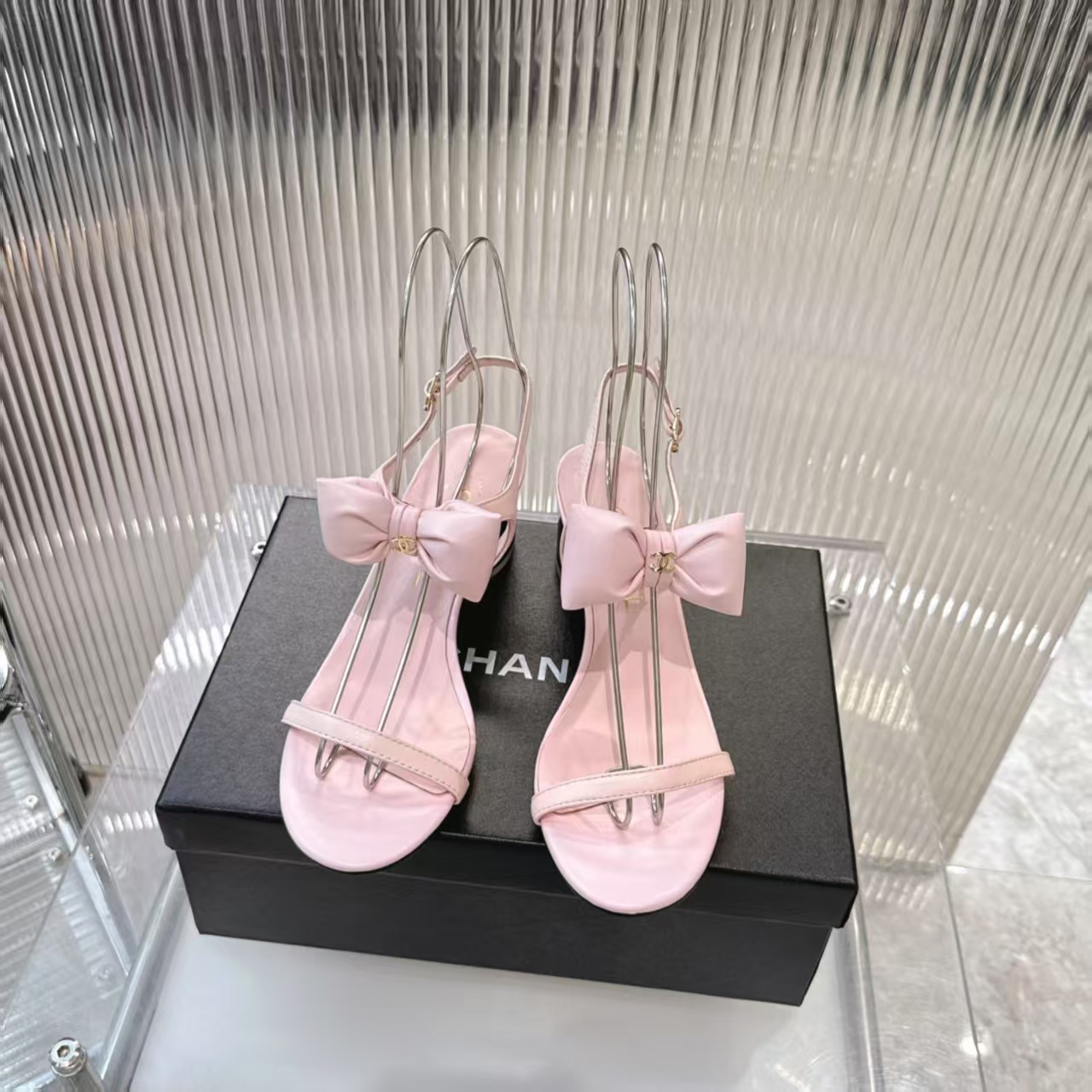 Chanel Pastel Pink Leather Sandals with Bow Mules Block Heel - KAIROO
