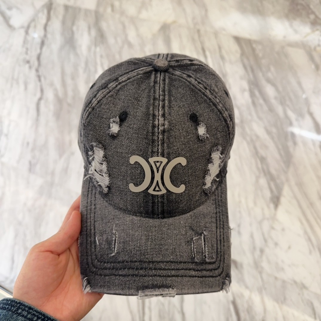 Celine Triomphe Patch Distressed Denim Adjustable Baseball Cap - KAIROO