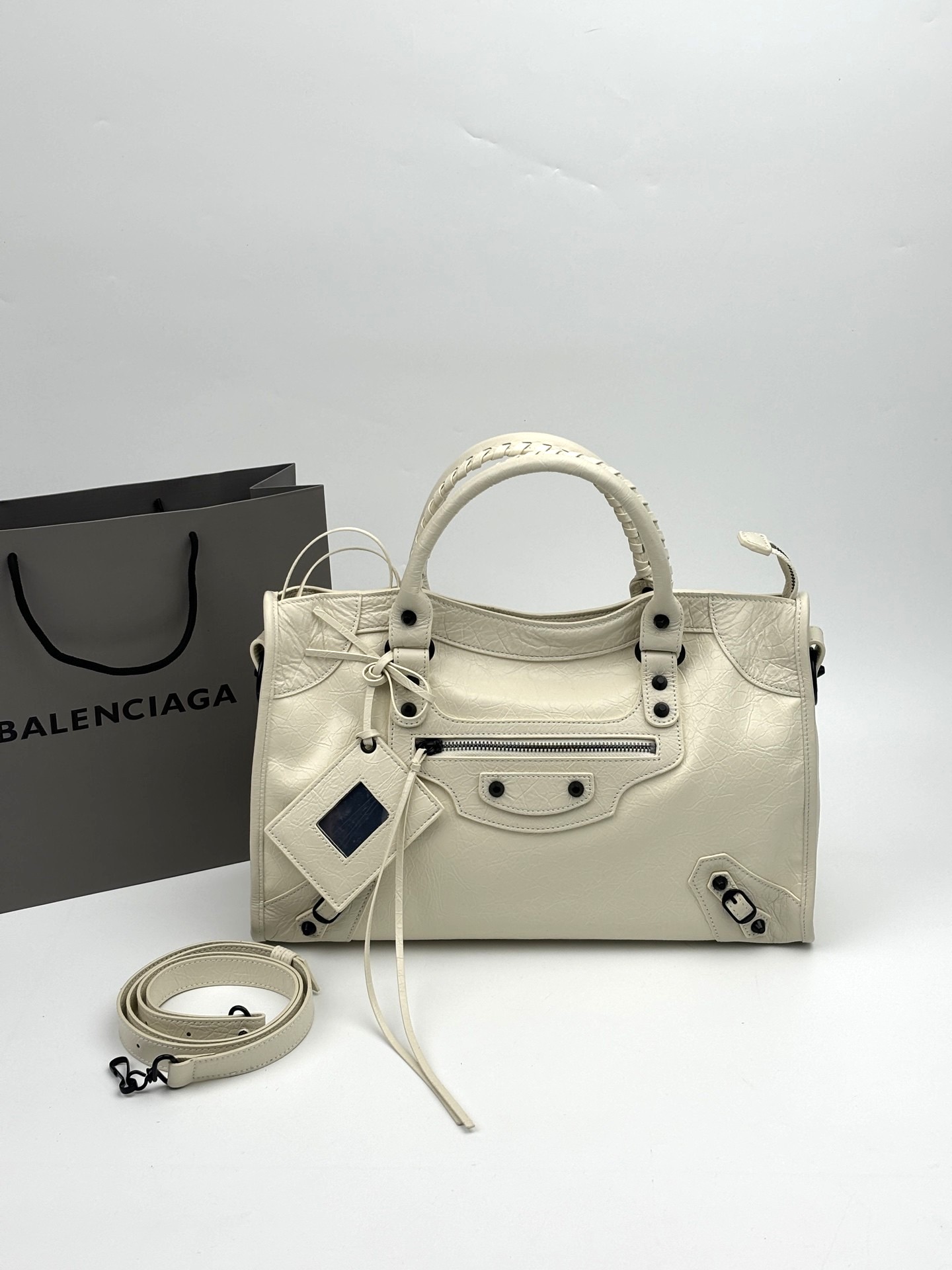 Balenciaga Le City Ivory Soft Crinkled Leather Studded Mirror Charm Braided Handle Crossbody Bag - KAIROO