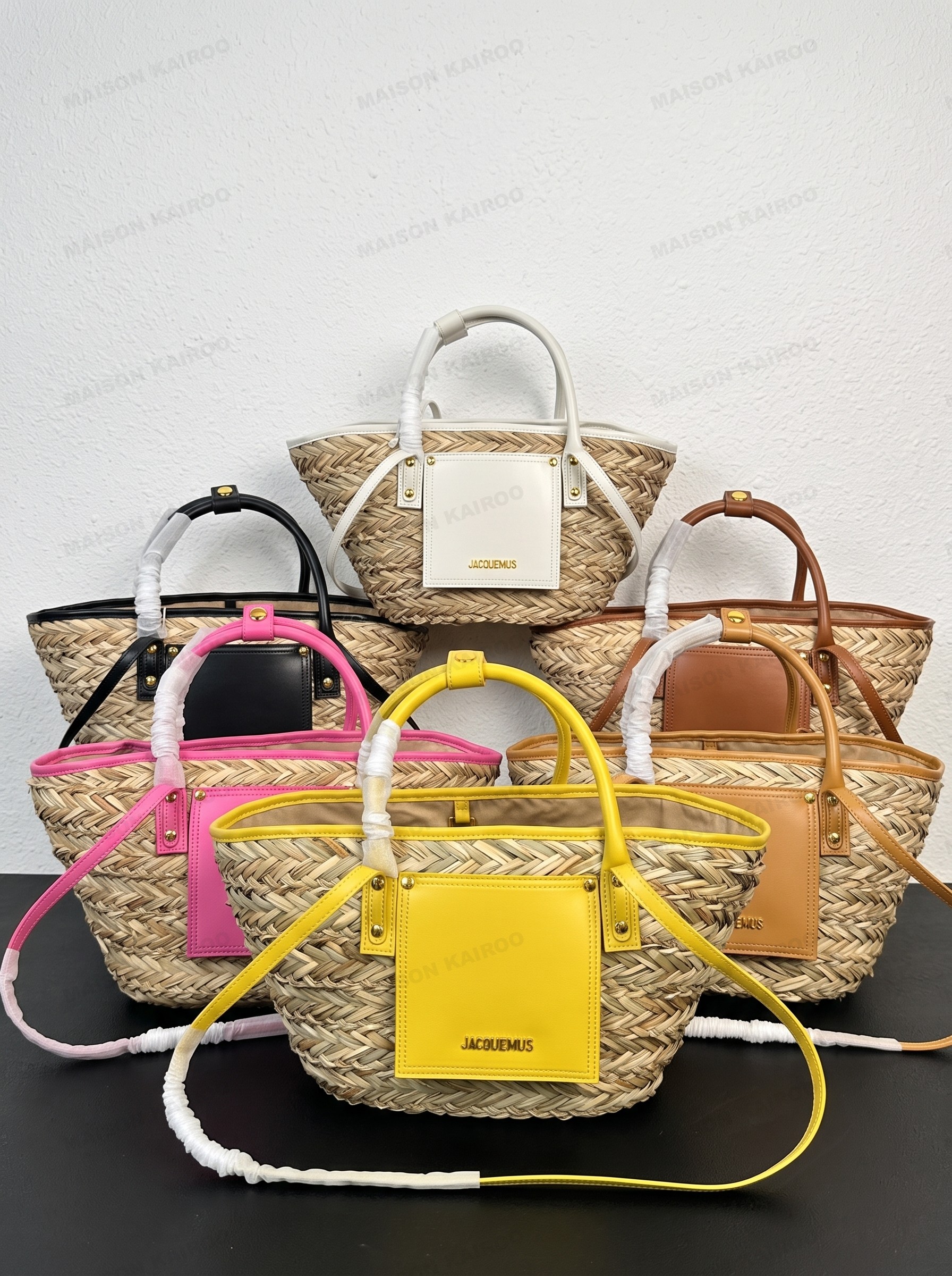 Jacquemus Le Panier Soleil Woven Straw Smooth Leather Basket Tote Crossbody Bag - KAIROO