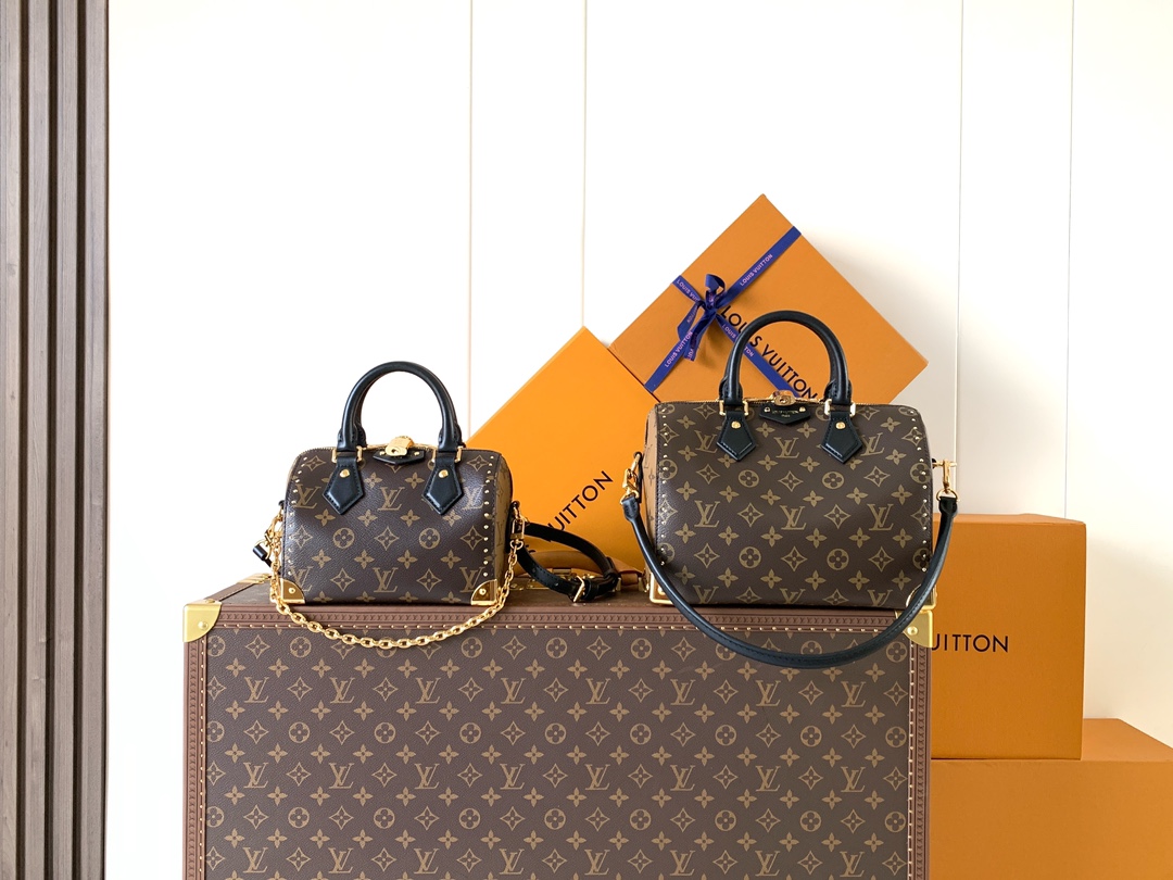 【10A】Louis Vuitton LV Speedy 20/26 Two-tone Monogram Brown Studded Trunk Boston Top Handle Bag - KAIROO