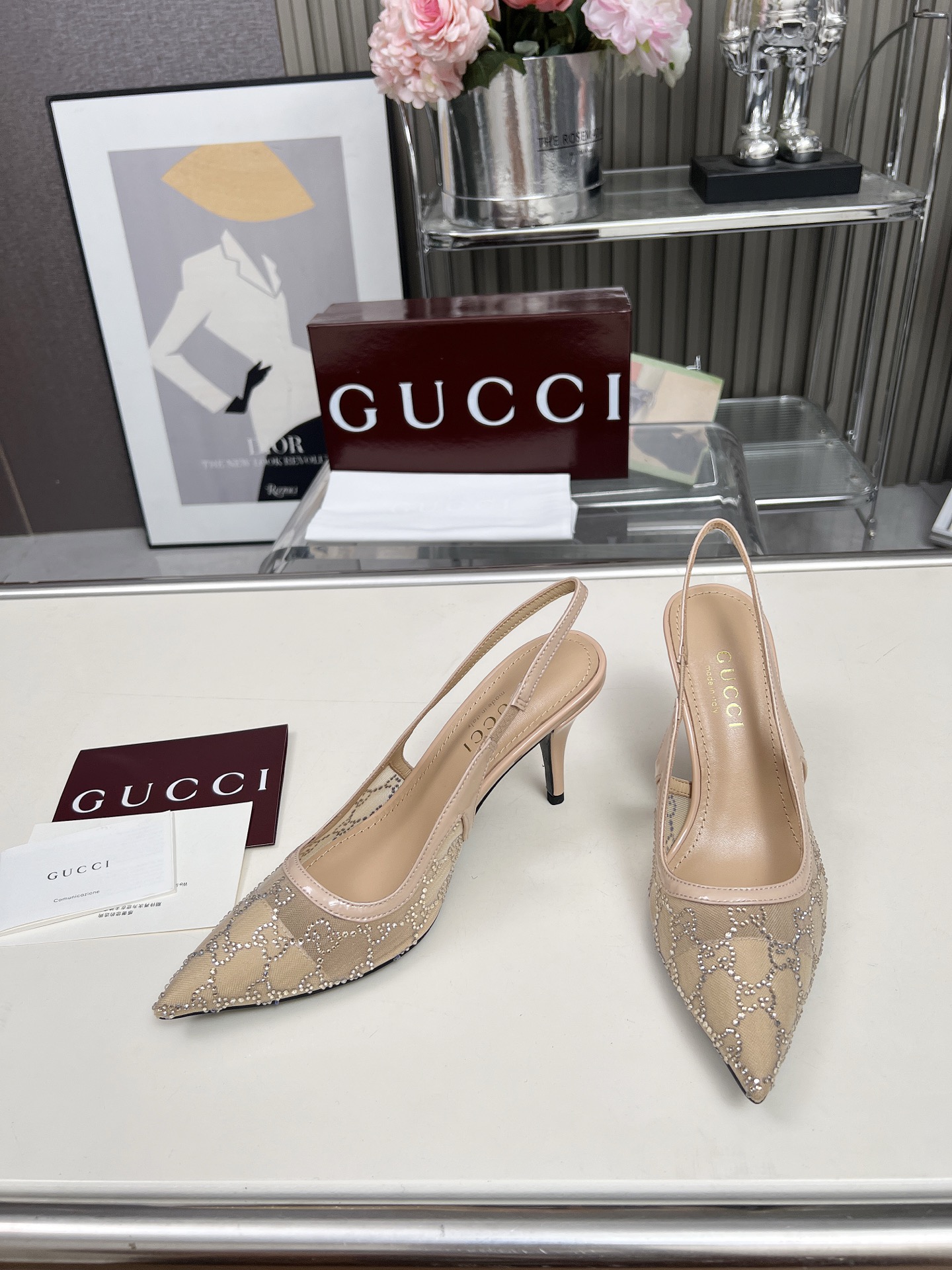 Gucci Crystal GG Embellished Mesh Patent Leather Trim Pointed Toe Slingback Stiletto Heels - KAIROO