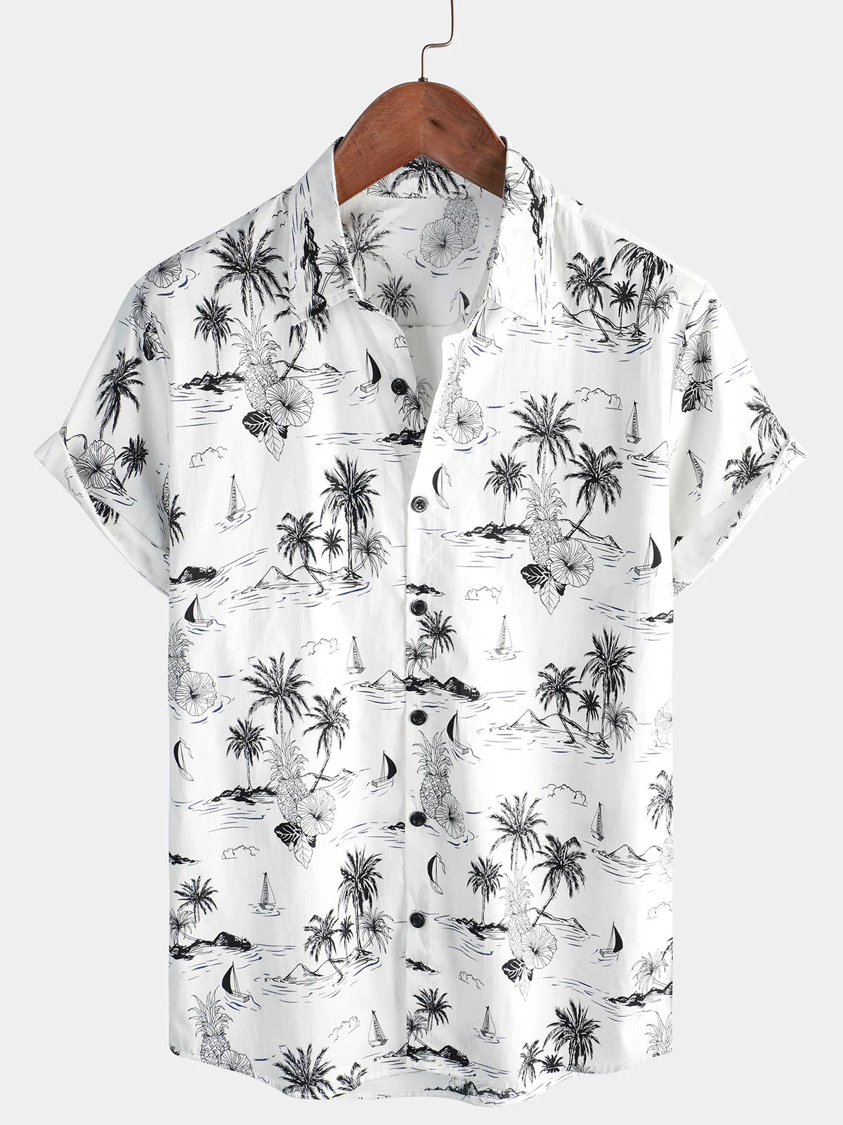 Men's White Tropical Palm Pineapple Print Aloha Hawaiian Short Sleeve Shirt