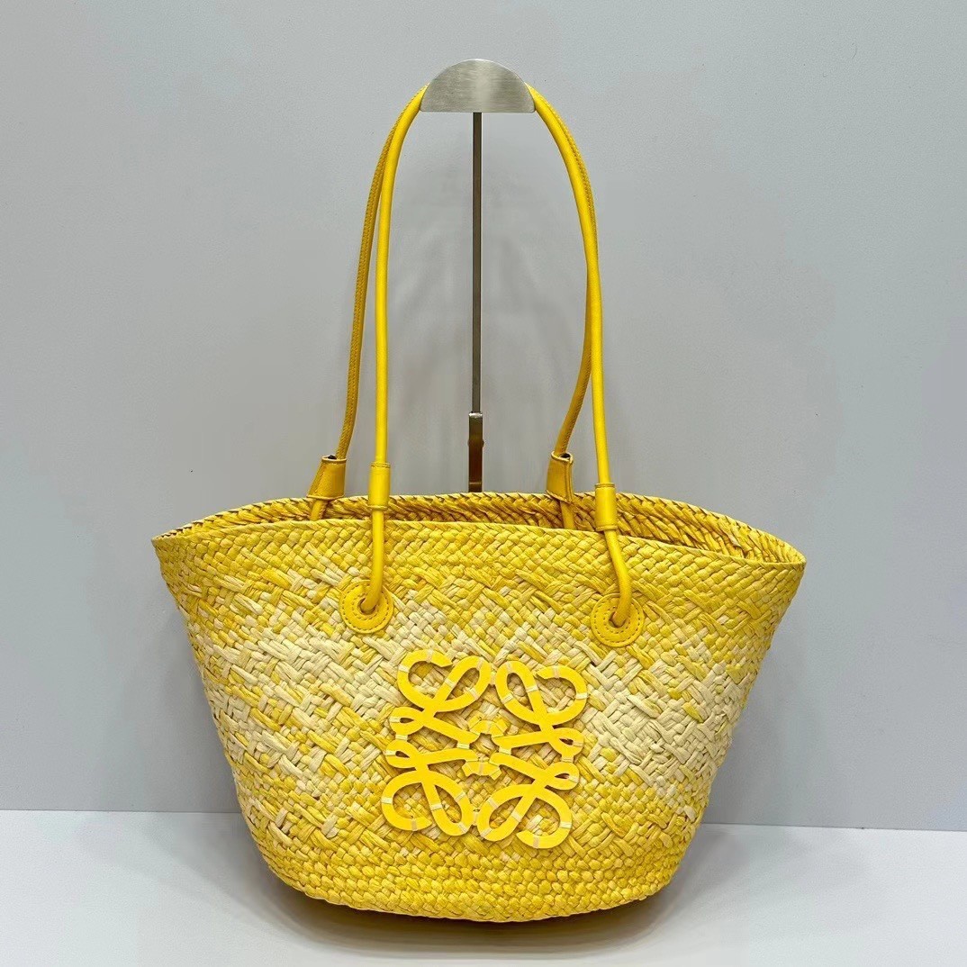 Loewe Paula's Ibiza Medium Yellow Woven Anagram Logo Raffia Straw Basket Tote Bags - KAIROO