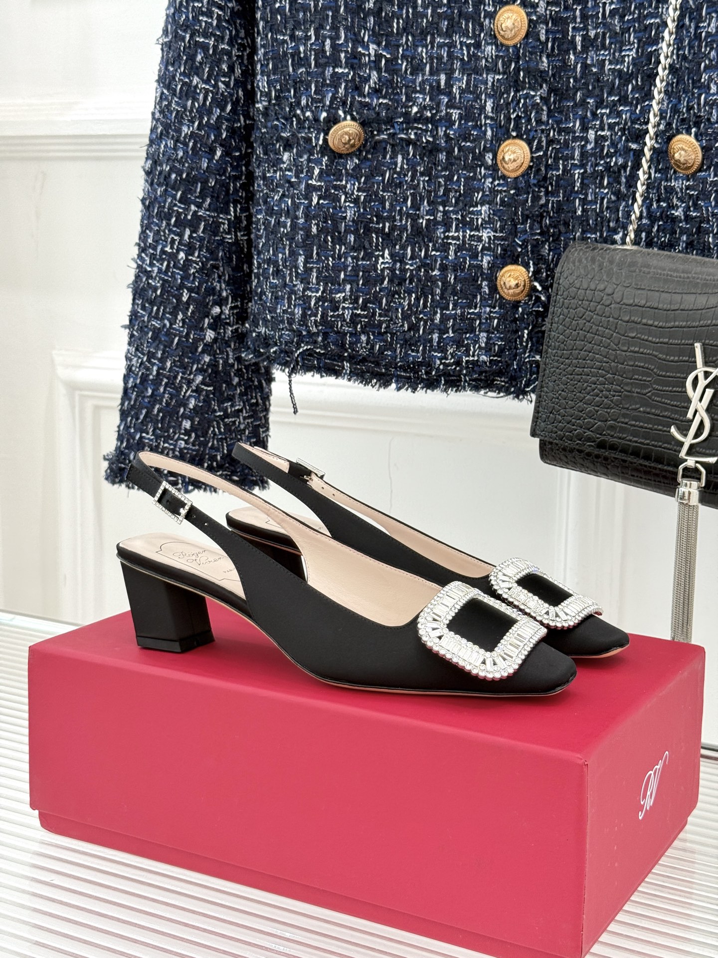Roger Vivier silk rhinestone square buckle slingback