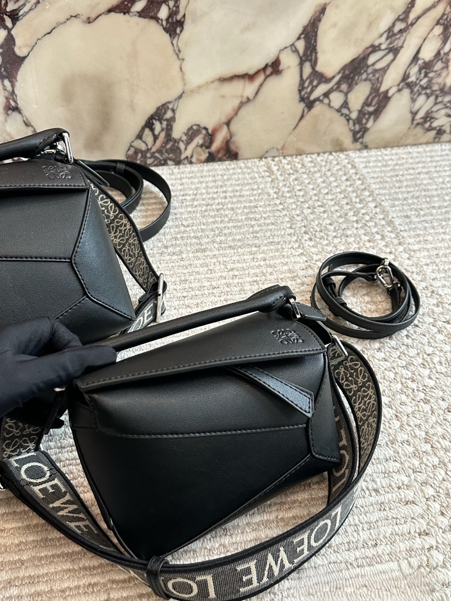 Loewe Puzzle Black 18/24 Cuboid Grained & Smooth Calfskin Monogram Webbing Strap Handle Shoulder Bag - KAIROO