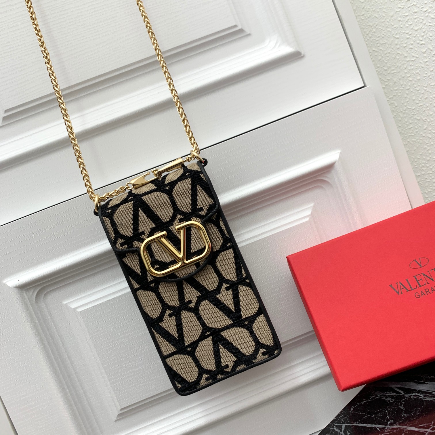 Valentino Toile Iconographe Beige Black Canvas Leather VLogo Signature Chain Mini Vertical Phone Pouch Bag - KAIROO