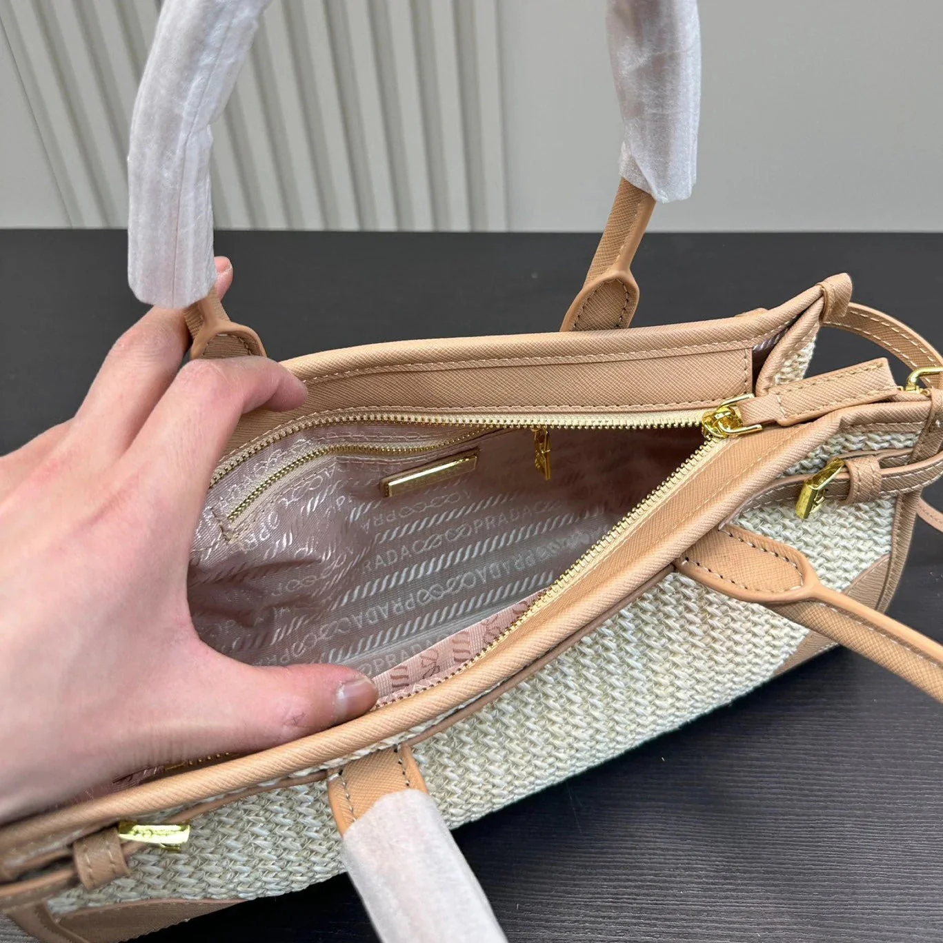 Prada BONNIE SOFT LUX HANDBAG 32 IN BEIGE WOVEN RAFFIA WITH TAN CALFSKIN