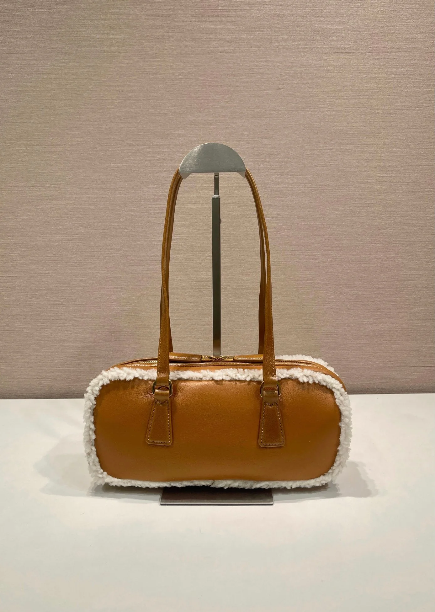 Prada TOP HANDLE BAG 27 IN BRONZE BROWN SHEEPSKIN AND SHEARLING TRIM