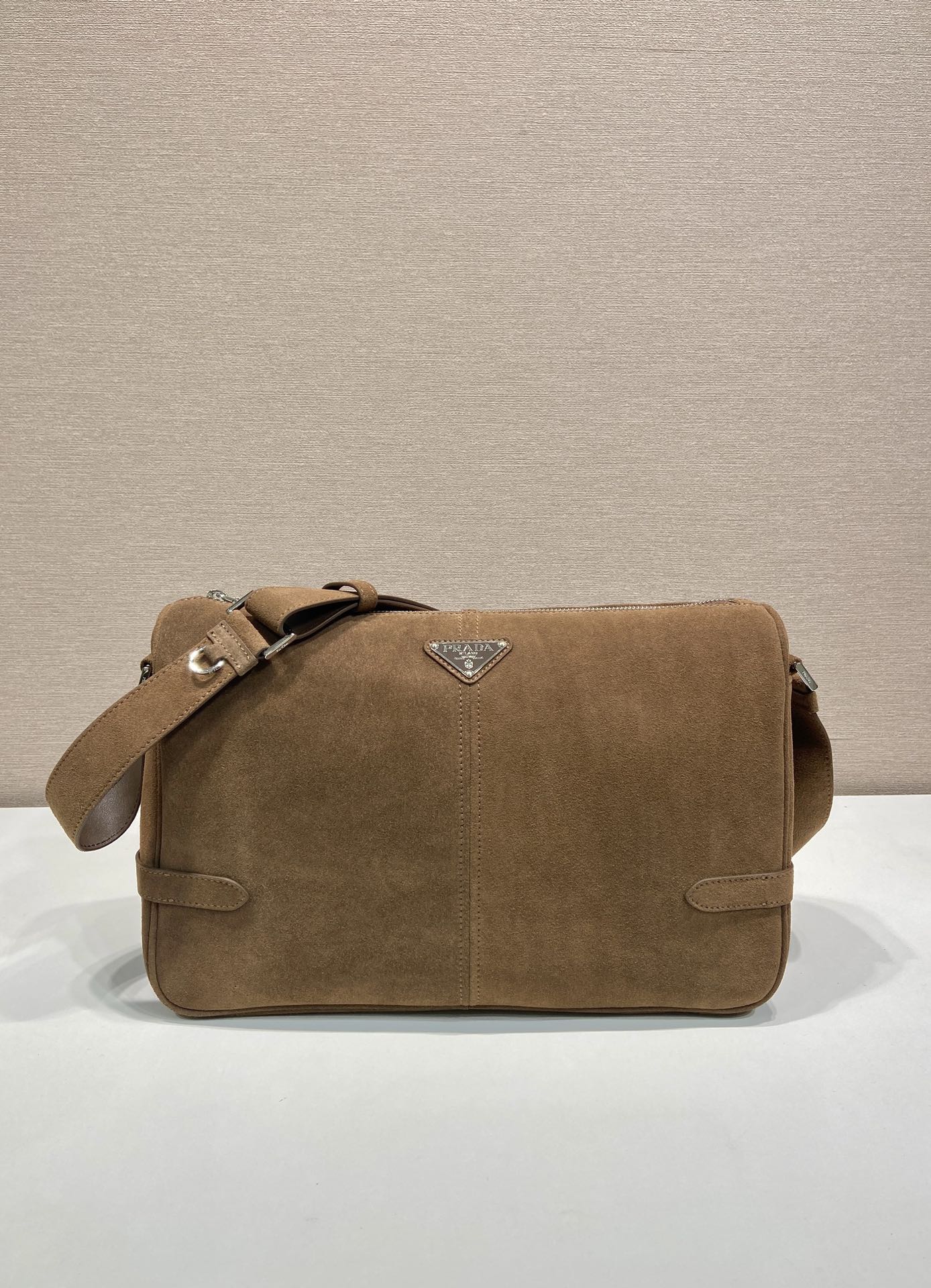 Prada HOBO BAG 35 IN GINGERBREAD SUEDE SILVER LOGO