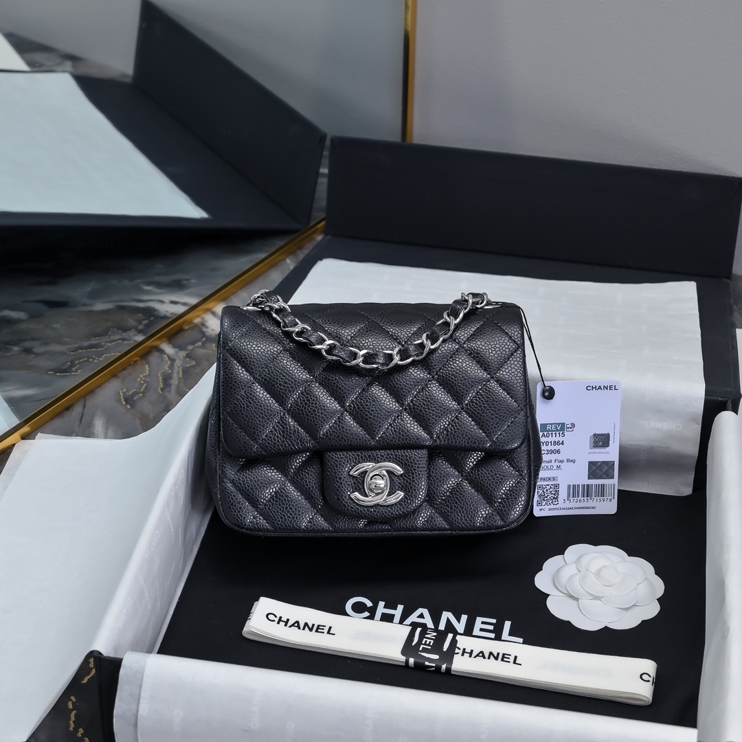 Chanel Mini Classic Handbag in Black Grained Calfskin