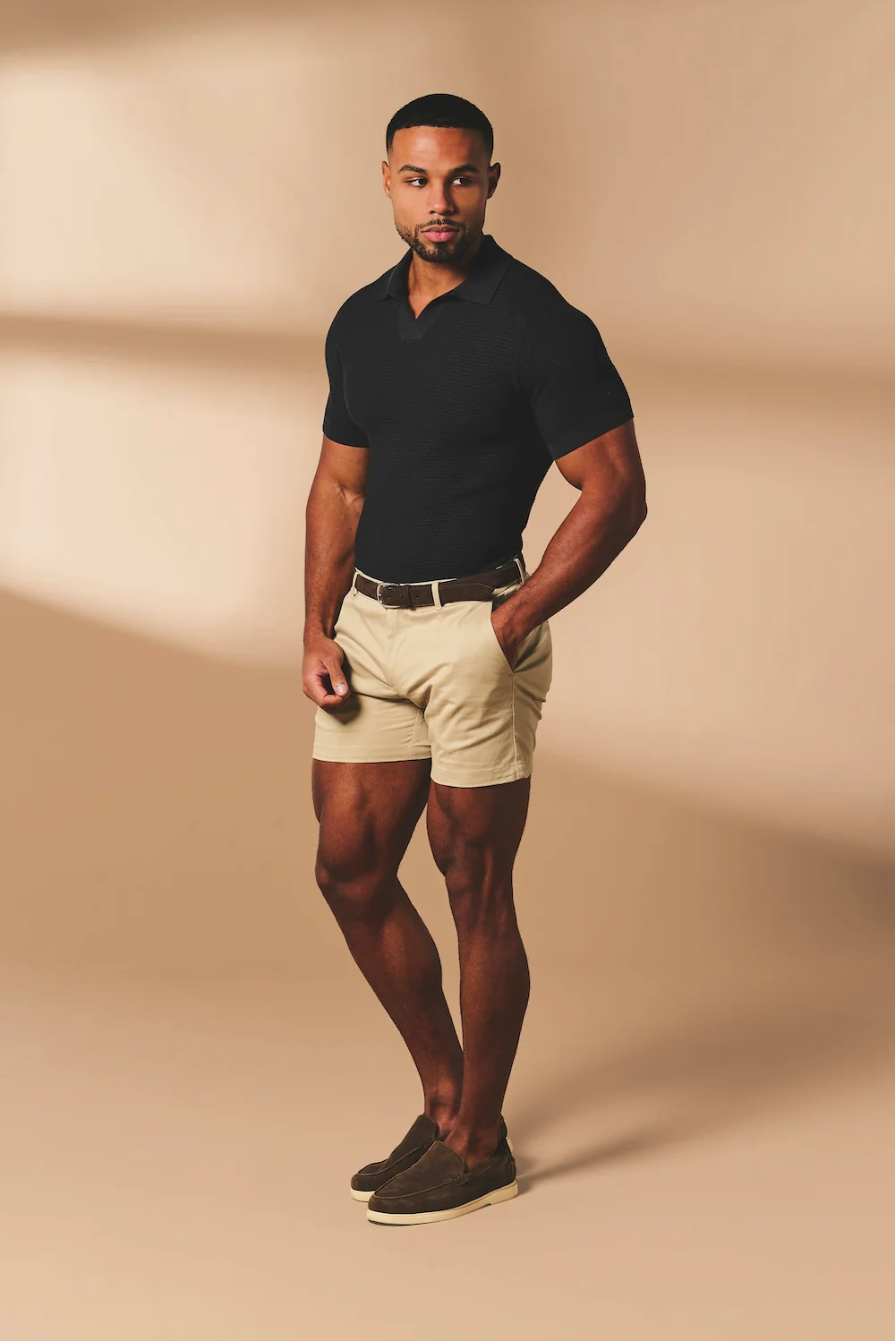 Textured Knitted Open Collar Polo Shirt in Black