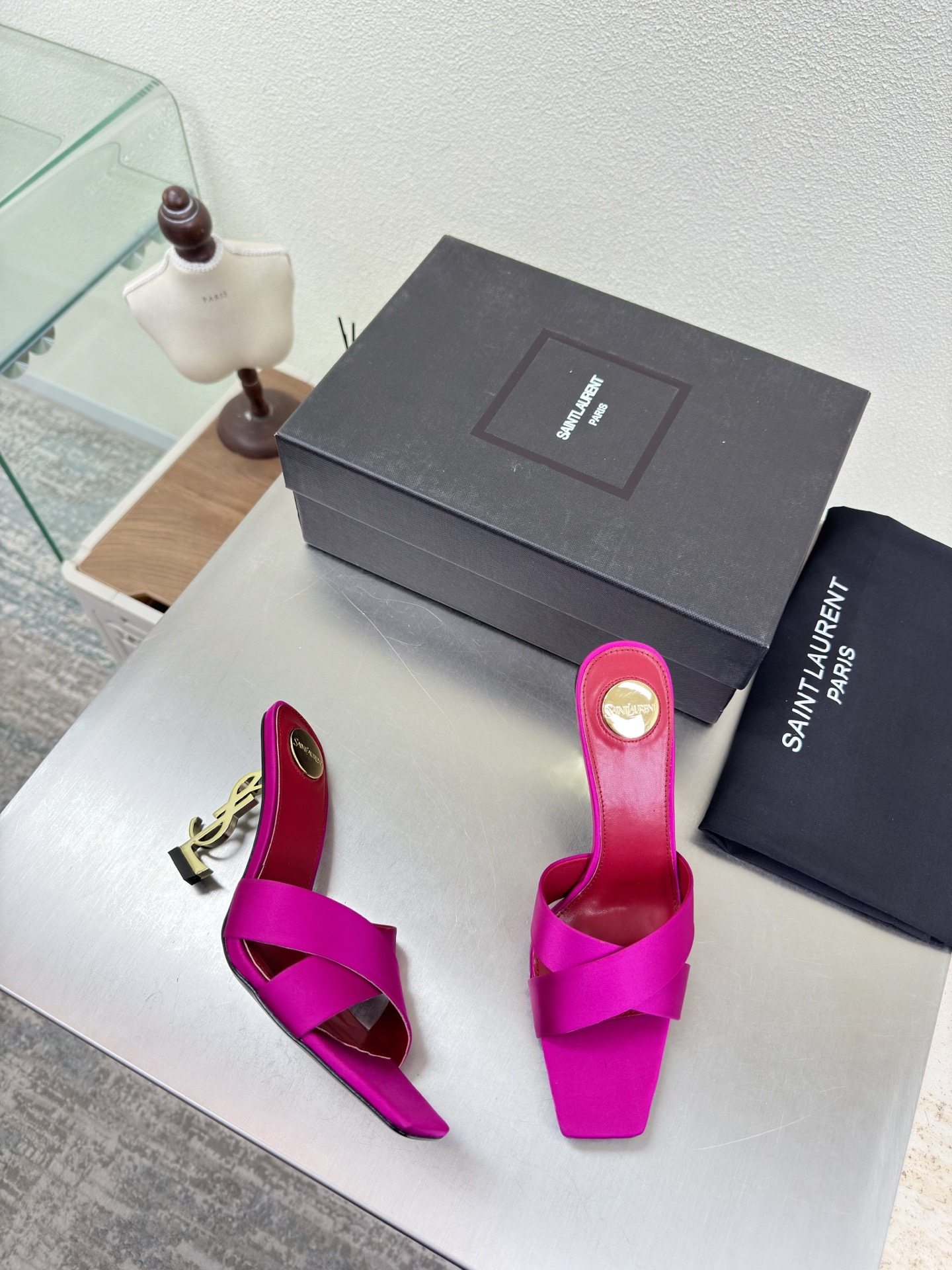Saint Laurent Opyum 105 YSL Logo Satin Square Toe Crisscross Cassandre Heel Mule Sandals - KAIROO