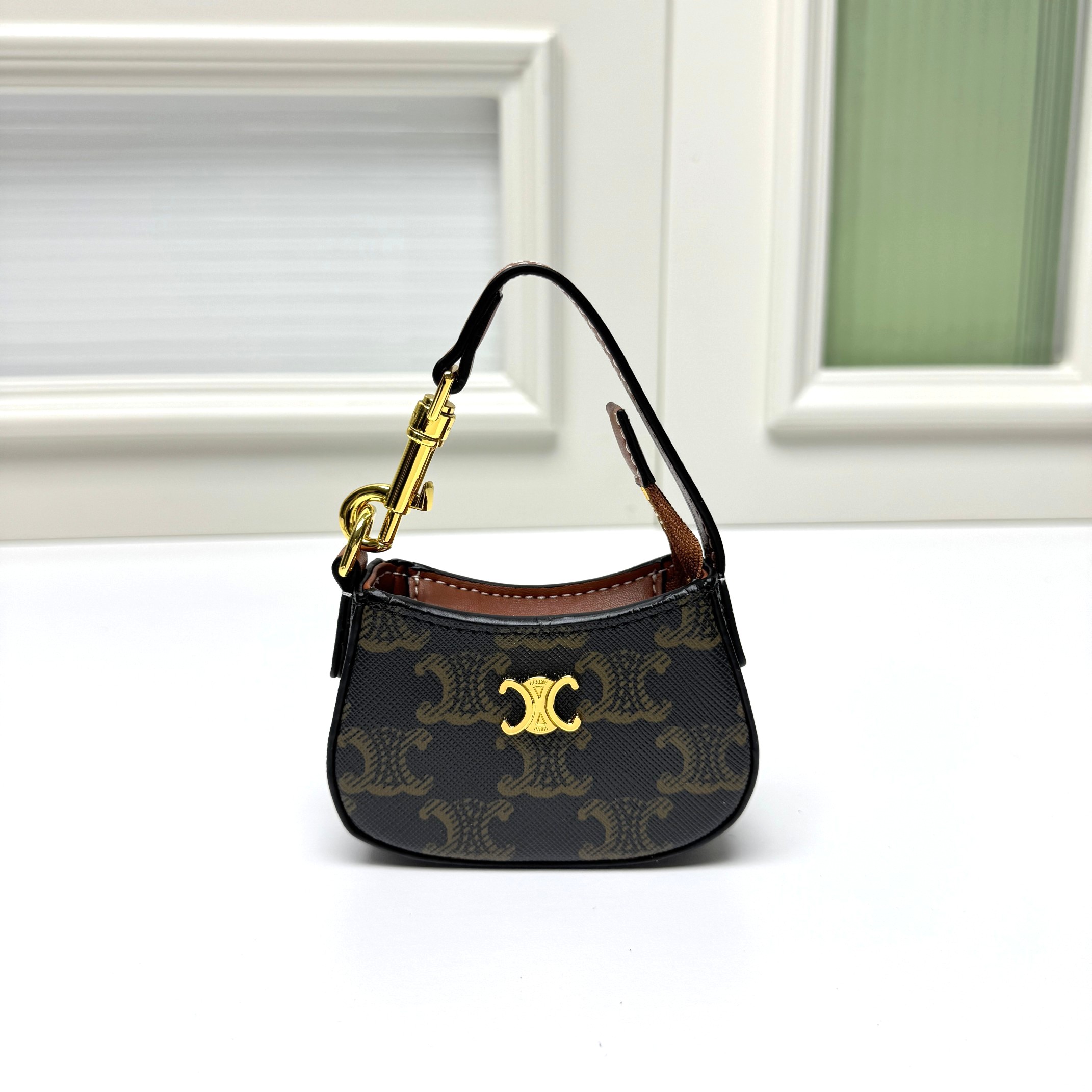 Celine Mini Tilly Tan Triomphe Monogram Coated Canvas Gold Hardware Charm Wrist Bag - KAIROO