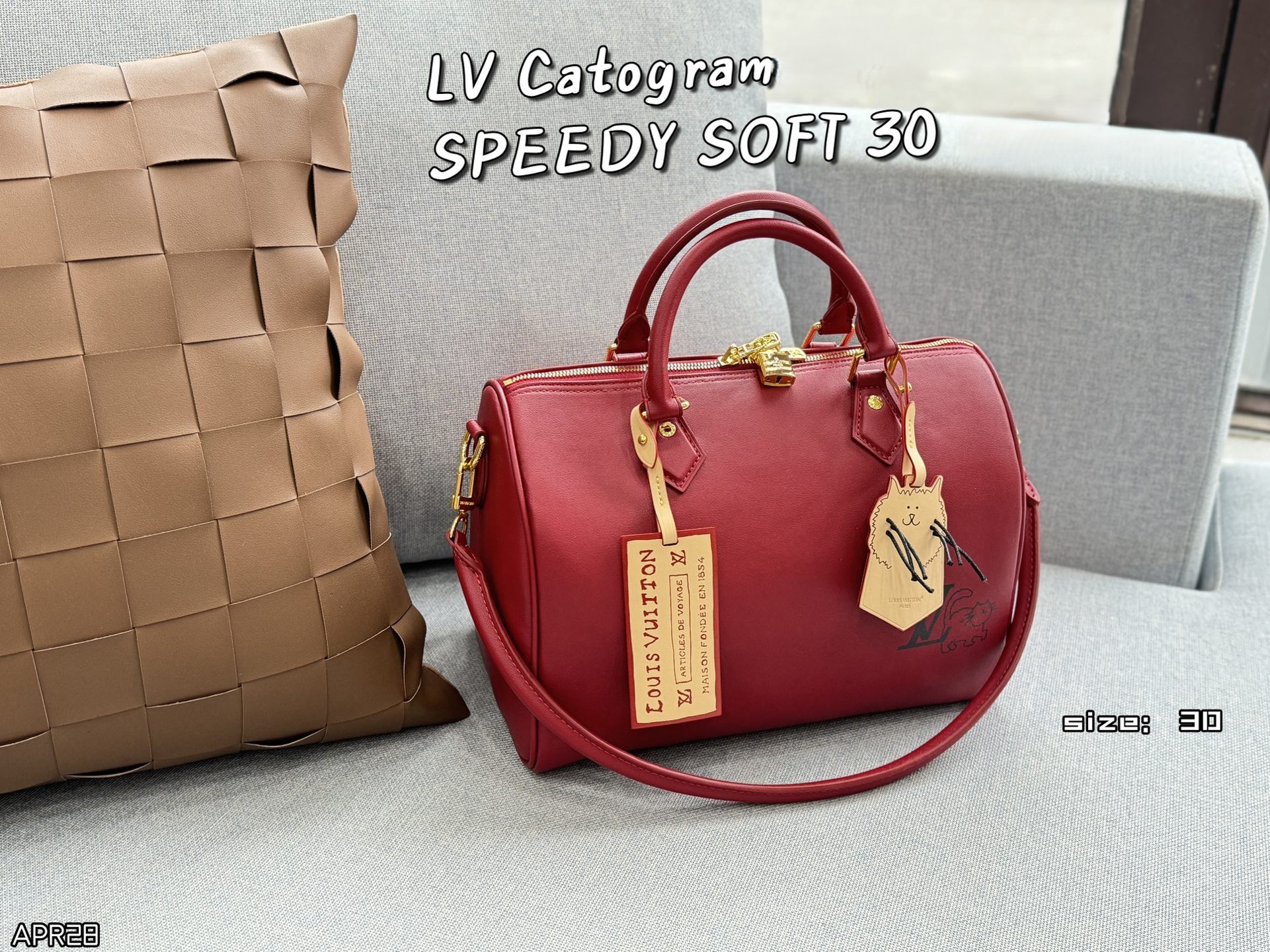 Louis Vuitton LV Speedy 30 Red Catogram Printed Cat Tag Charm Smooth Leather Boston Top Handle Bag - KAIROO