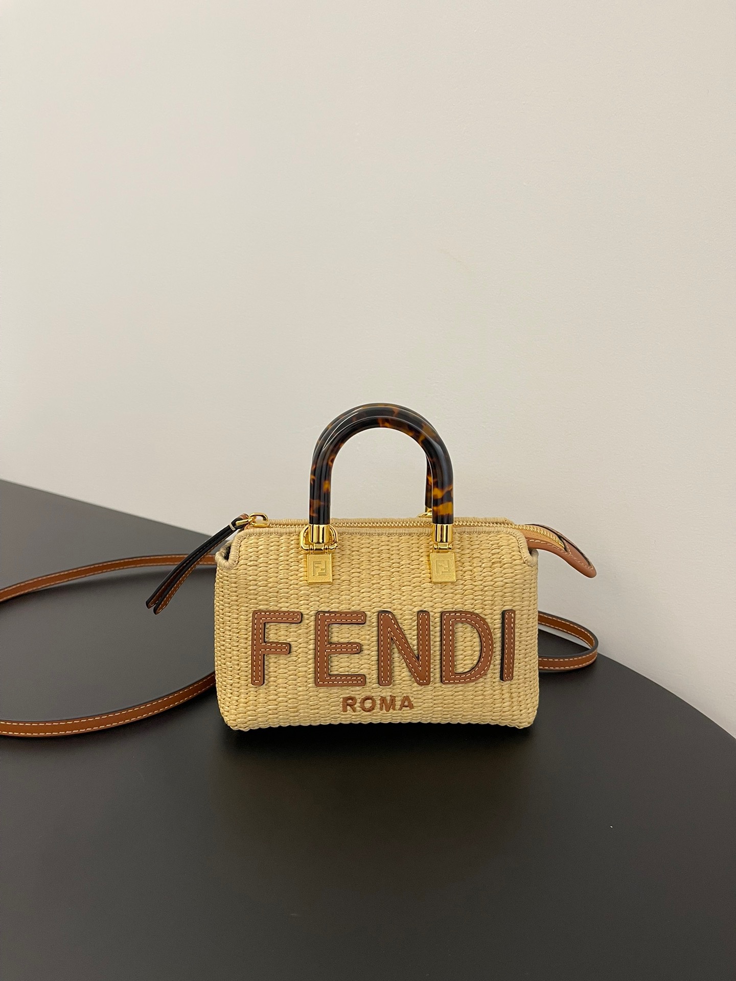 Fendi Mini By The Way Natural Raffia Tortoiseshell Plexiglass Handles Boston Bag - KAIROO