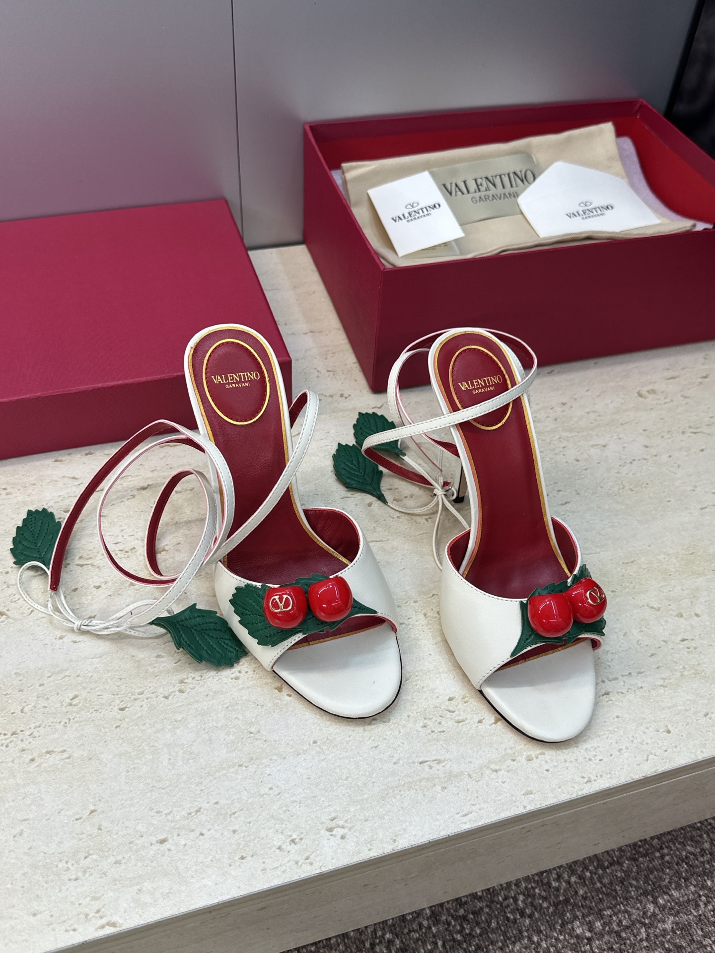 Valentino Garavani White 3D Cherry Leather Leaf Charm Metallic Leather Stiletto Toe Heel Sandals - KAIROO