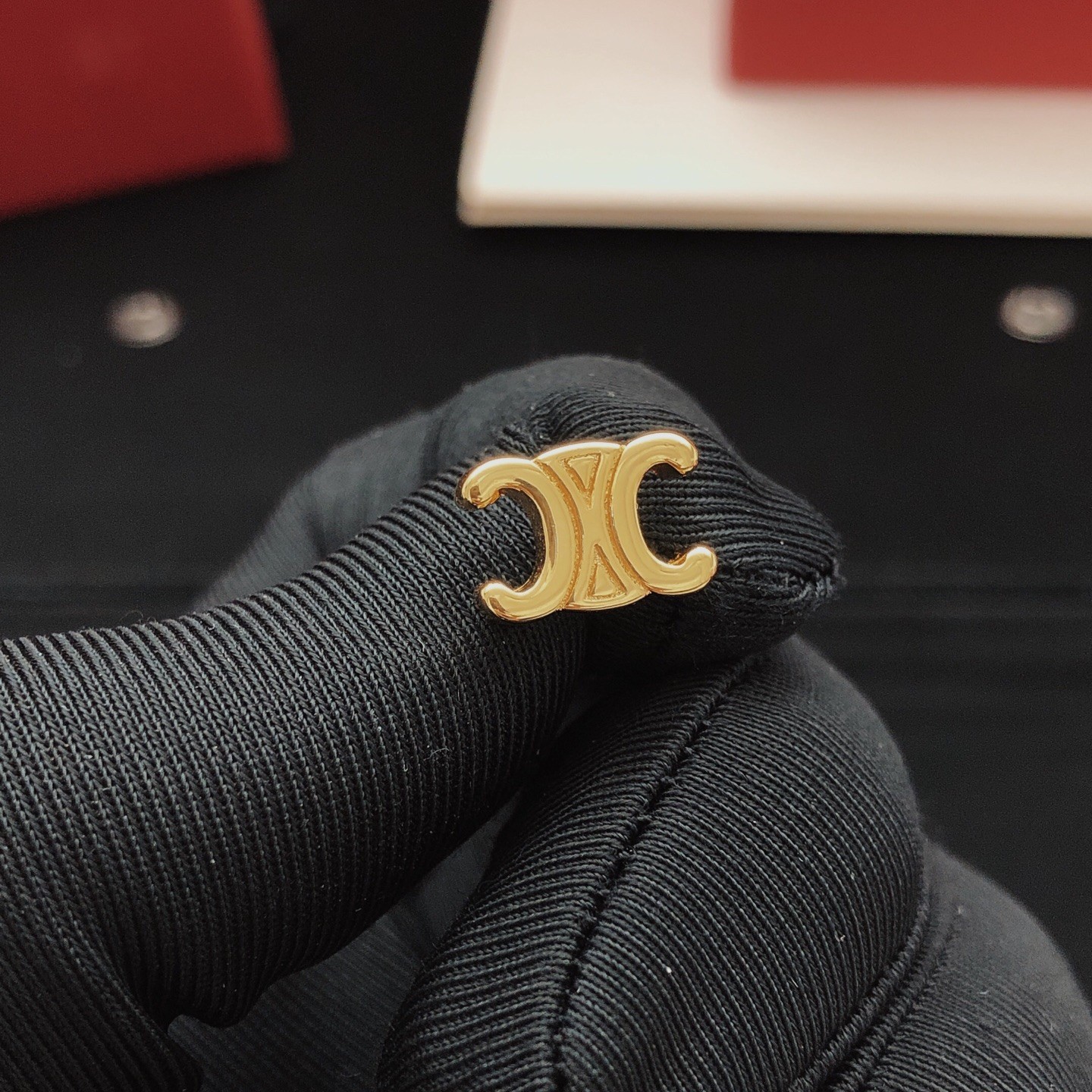 Celine Gold Finish Brass Triomphe Logo Motif Classic Stud Earrings - KAIROO