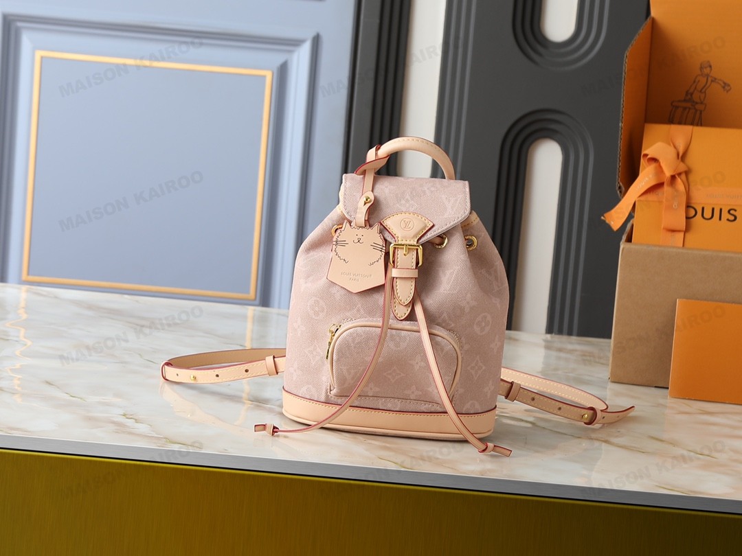 Louis Vuitton LV Montsouris Meowgram Pink Dune Monogram Vachetta Leather Drawstring Backpack - KAIROO