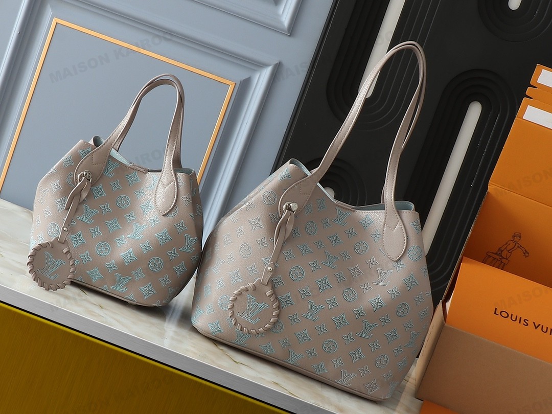 Louis Vuitton LV Mahina Blossom PM/MM Greige Cyan Dense Perforated Monogram Leather Basket Handle Tote Bag - KAIROO