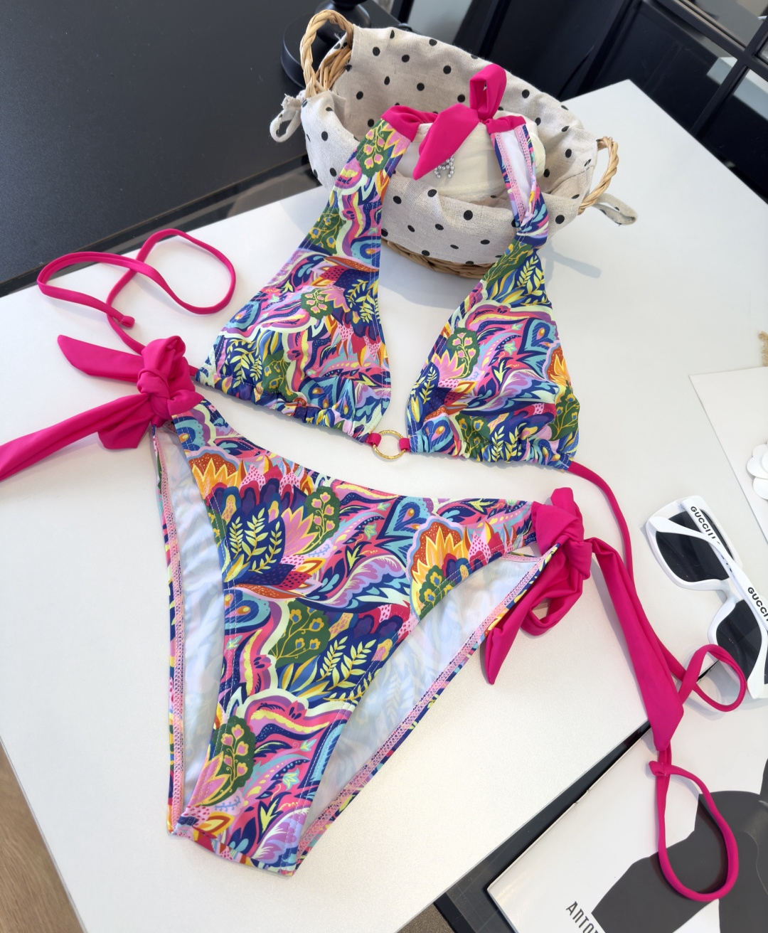 Versace Multicolor Tropical Floral Print Fuchsia Straps Gold Ring Halter Bikini Two-Piece Swimsuit - KAIROO