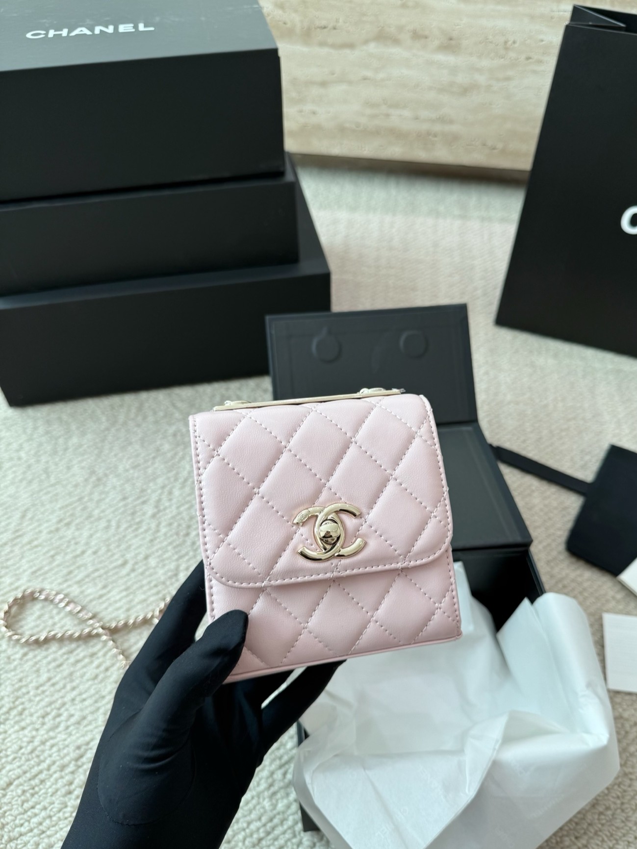 Chanel Trendy CC Mini Square 11CM Engraved Logo Top Bar Earphone Case Chain Crossbody Bag - KAIROO