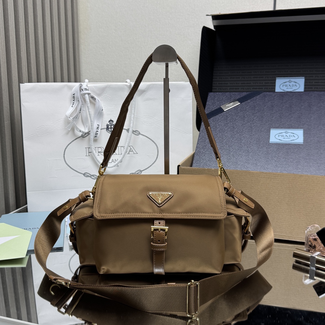Prada Explore medium Re-Nylon shoulder bag with flap-Brandy 1BD394