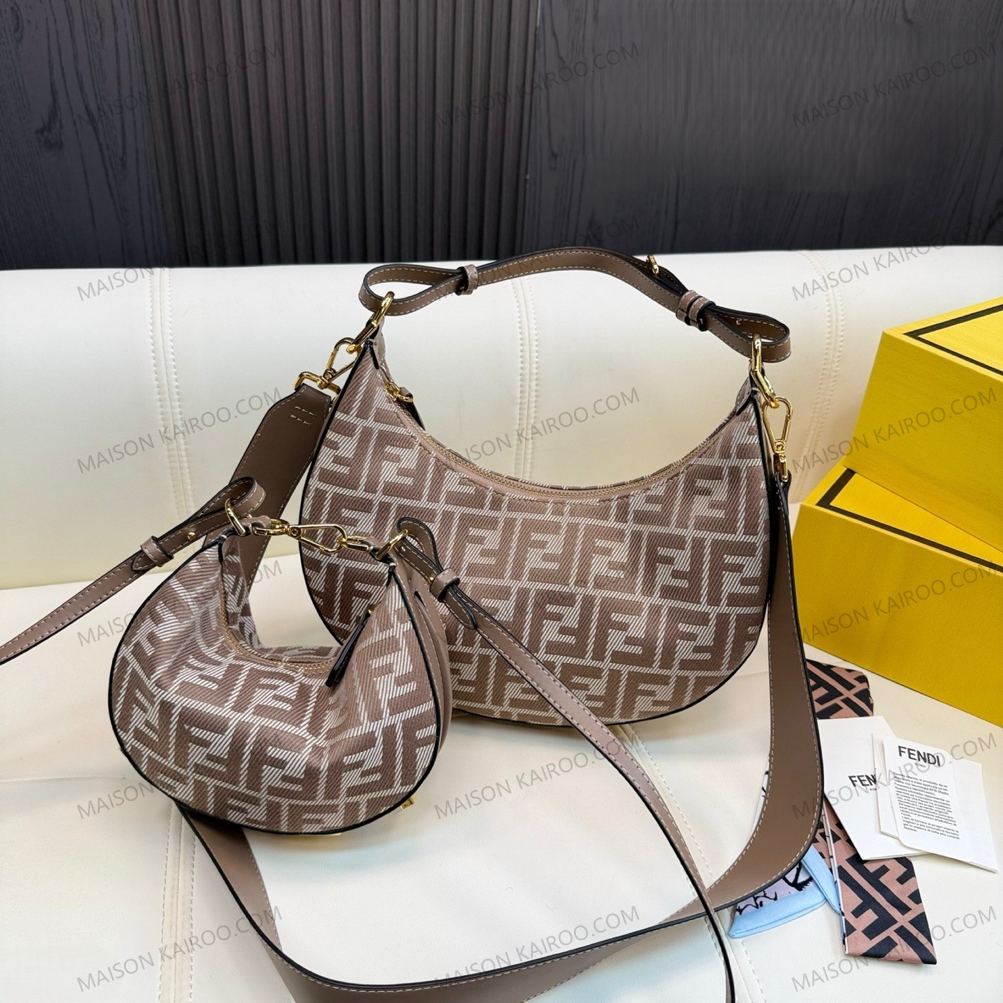 Fendi Fendigraphy FF Mini/Small Beige Jacquard Crescent Hobo Bottom Gold Lettering Logo Shoulder Bag - KAIROO
