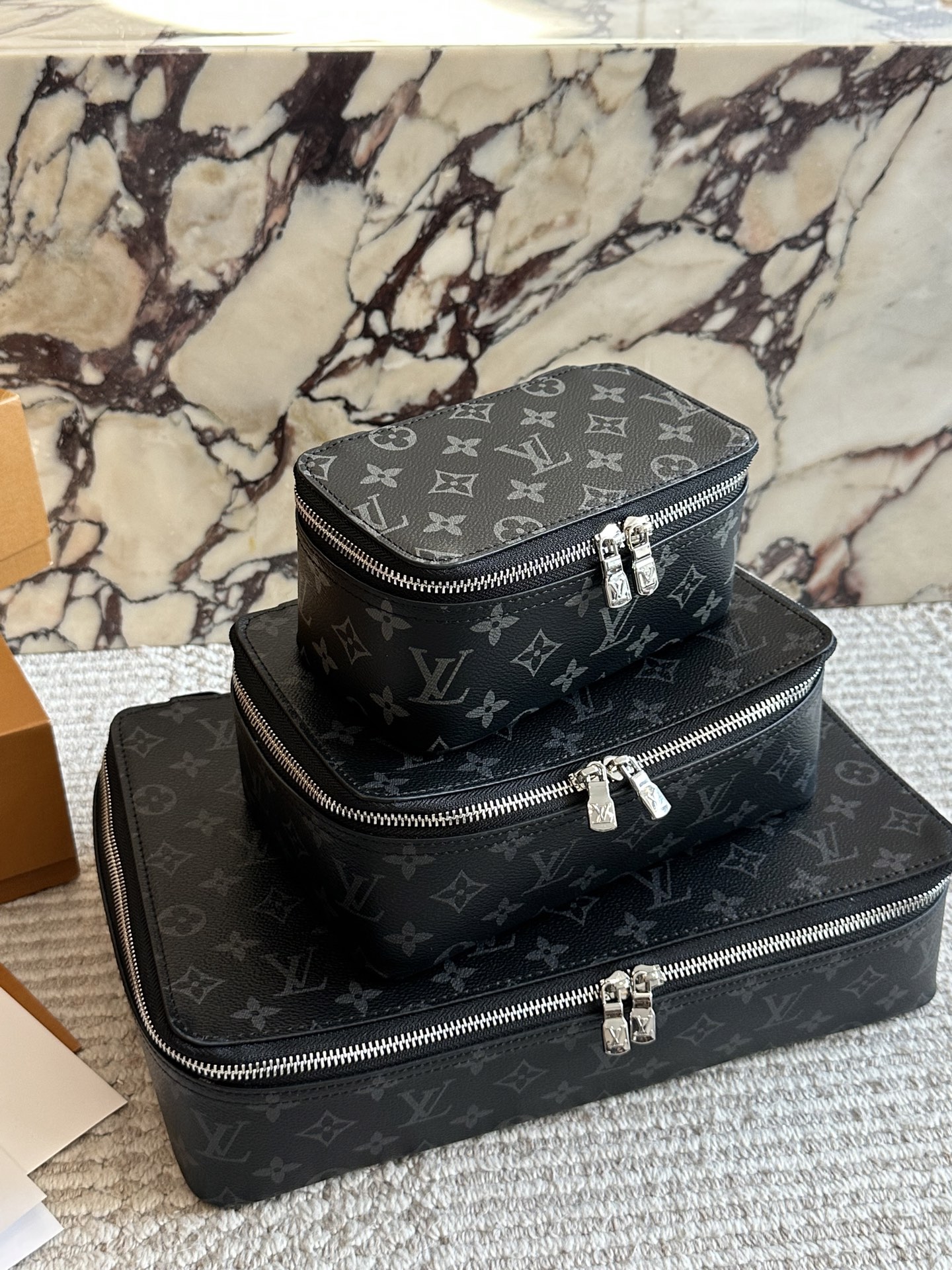 Louis Vuitton Monogram Eclipse Black Canvas Leather Nice Vanity Jewelry Case Travel Top Handle Bag - KAIROO