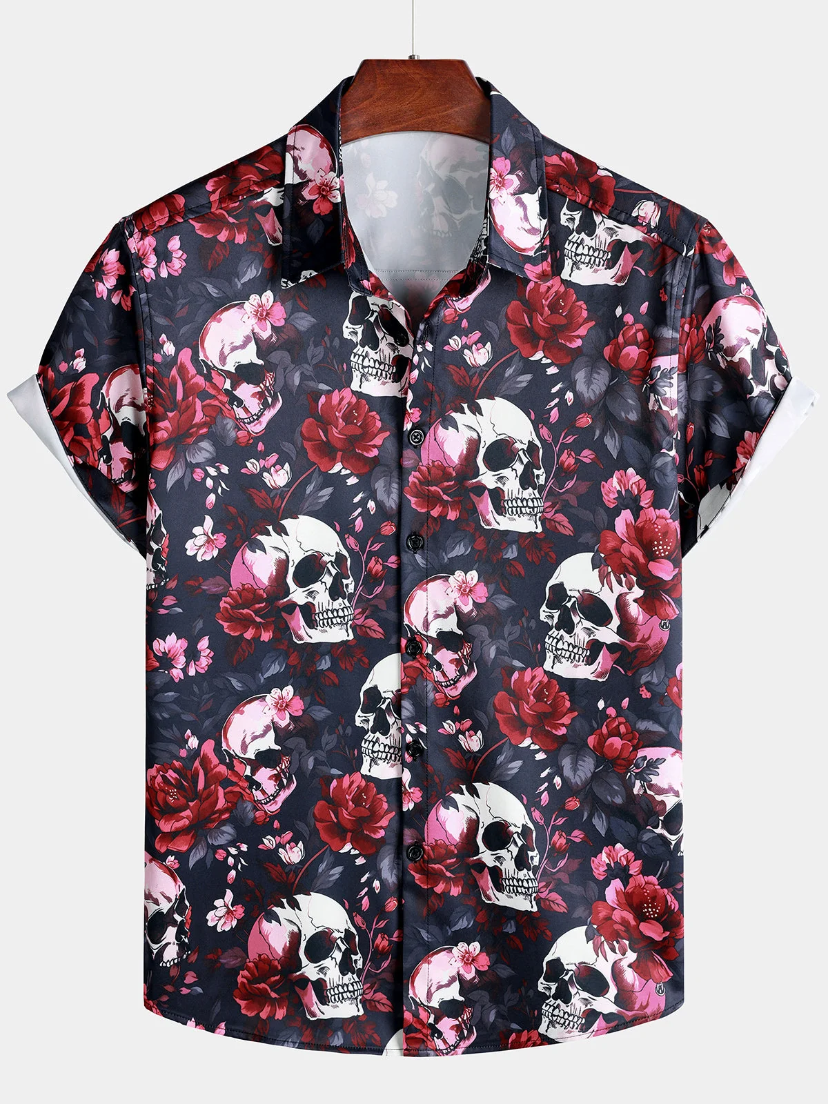 Men's Floral Skull Punk Rock Beach Print Short Sleeve Shirt