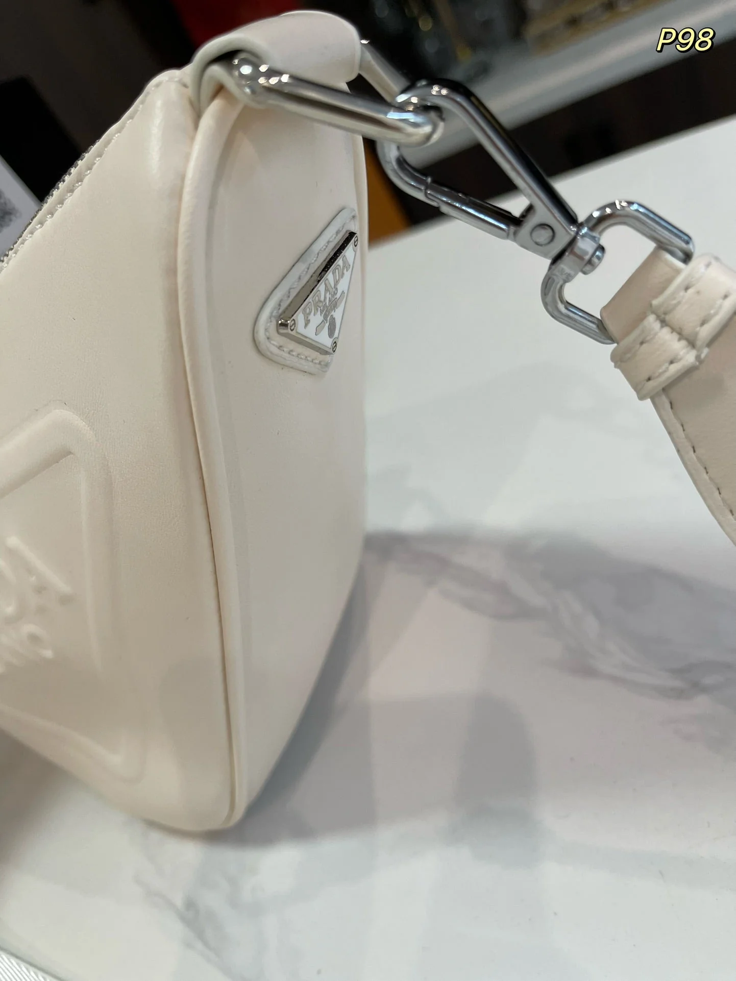 Prada TRIANGLE 27 SHOULDER BAG IN WHITE CALFSKIN WITH STRAP