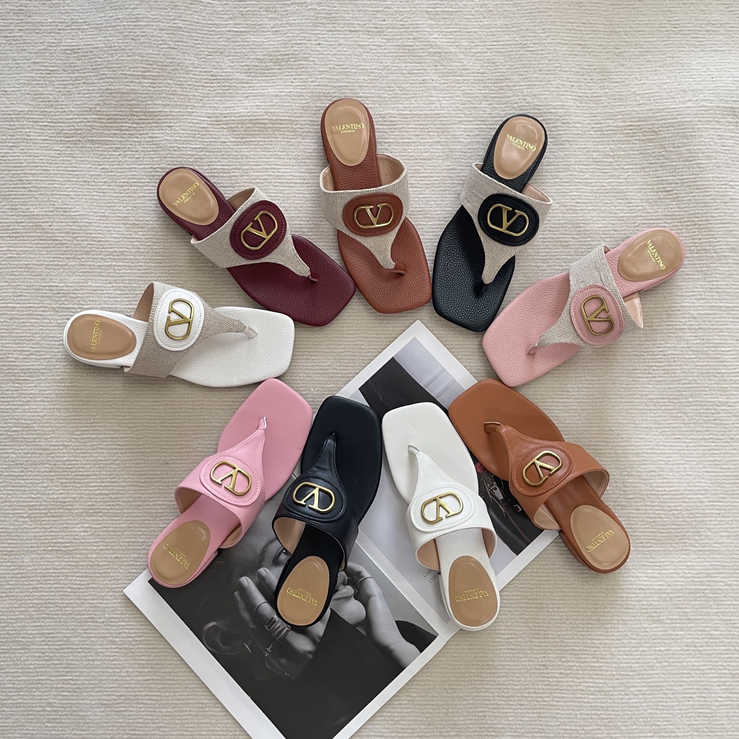 Valentino Garavani Gold VLogo Square Toe Canvas Grained Leather T-Strap Thong Sandals - KAIROO