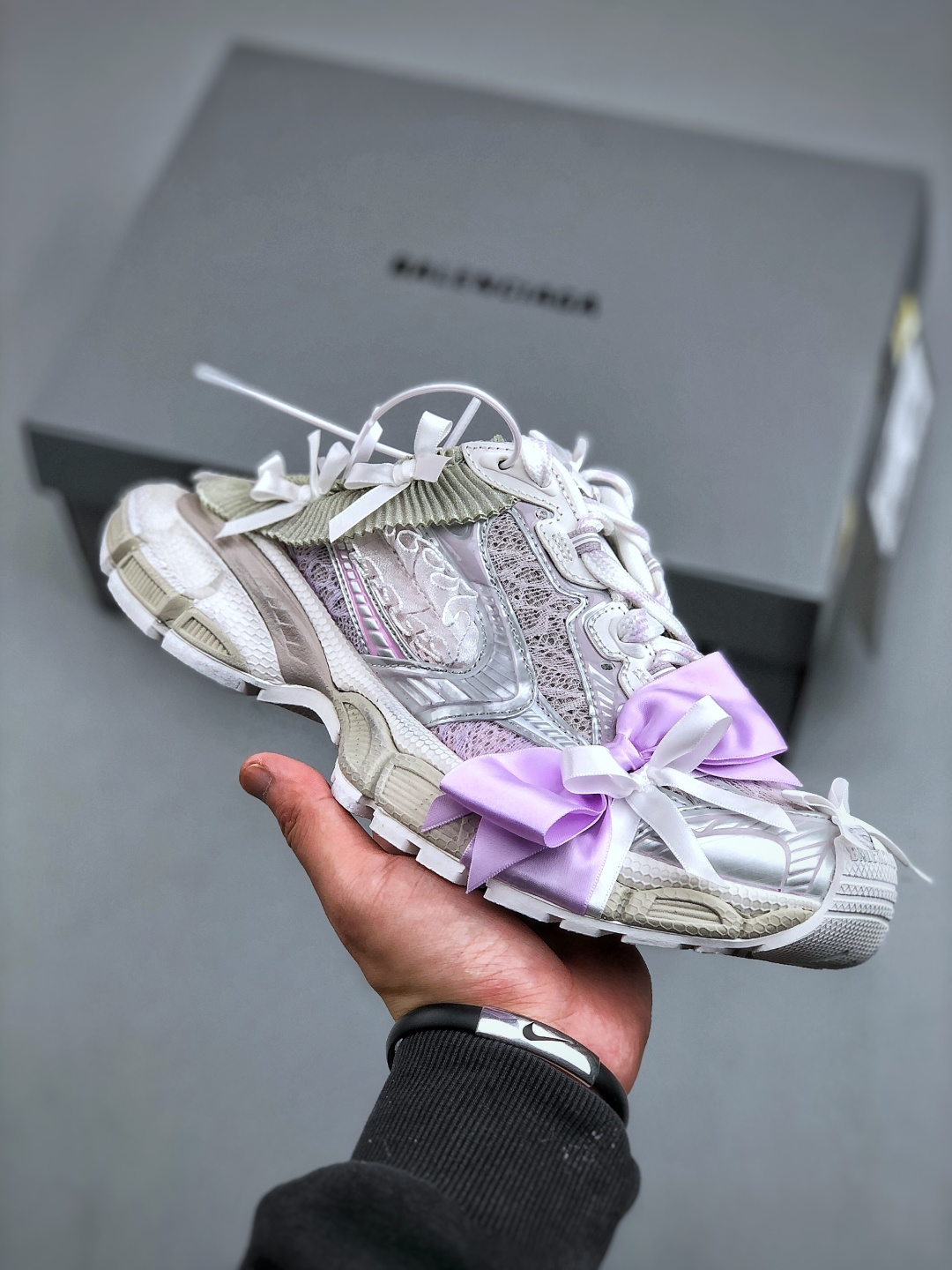 Balenciaga 3XL White Light Purple Lace Satin Bow Slip-On Mule Oversized Chunky Sneaker /10A - KAIROO