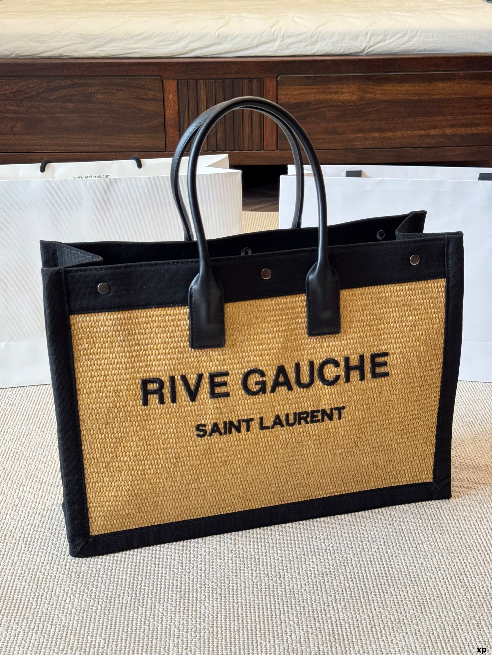 Saint Laurent YSL Rive Gauche Woven Raffia Leather Tubular Handles Embroidered Tote Bag - KAIROO