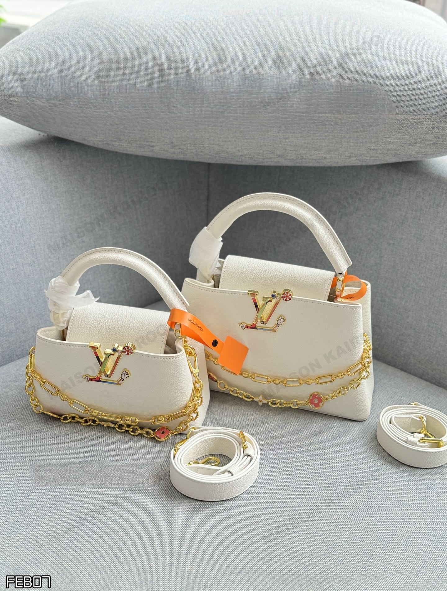 Louis Vuitton LV x TM Capucines BB/Mini Grained Leather Murakami Smiley Flower Logo Chain Top Handle Bag - KAIROO