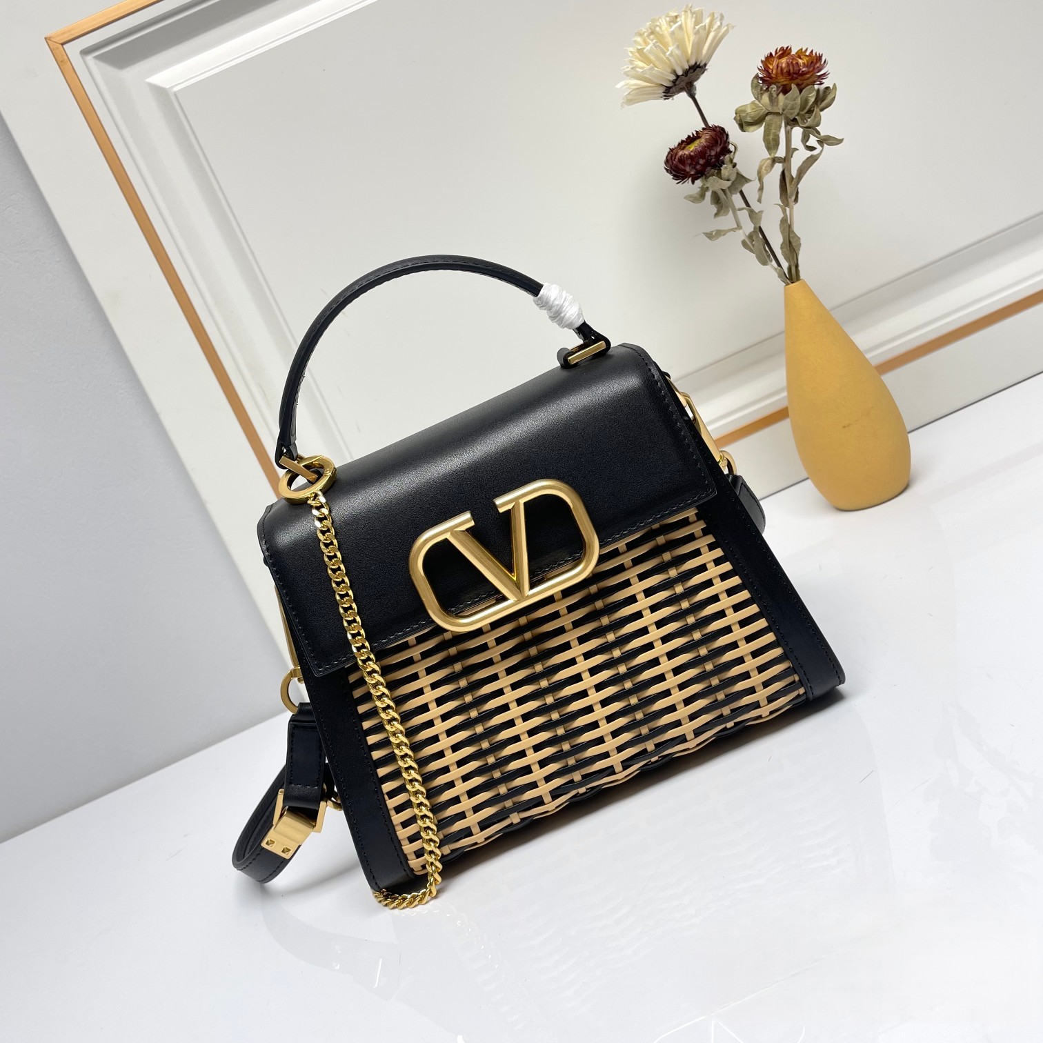 Valentino VLogo Signature Black Woven Leather Gold Hardware Top Handle Shoulder Crossbody Bag - KAIROO