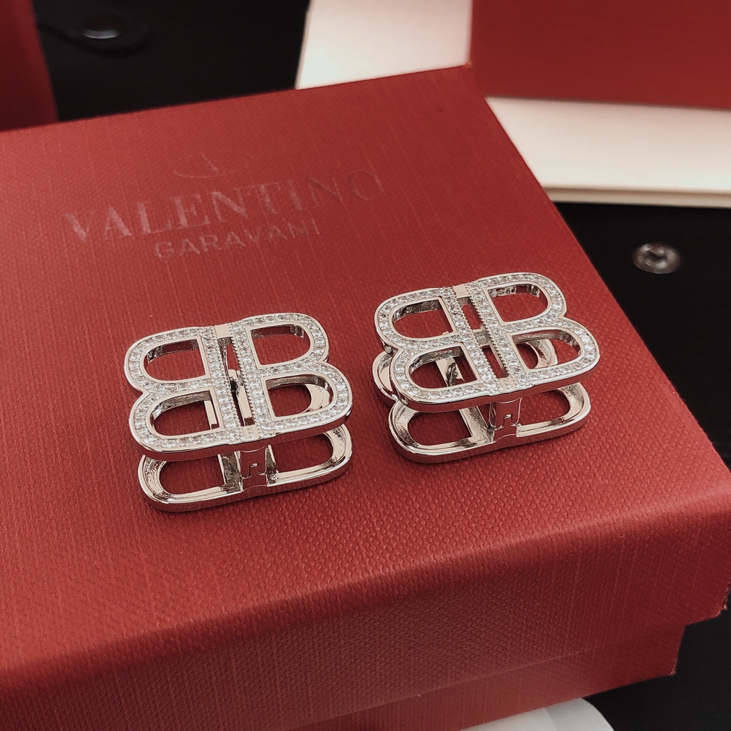 Balenciaga BB Icon Interlocking Logo Rhinestone Pave Silver Tone Earrings - KAIROO