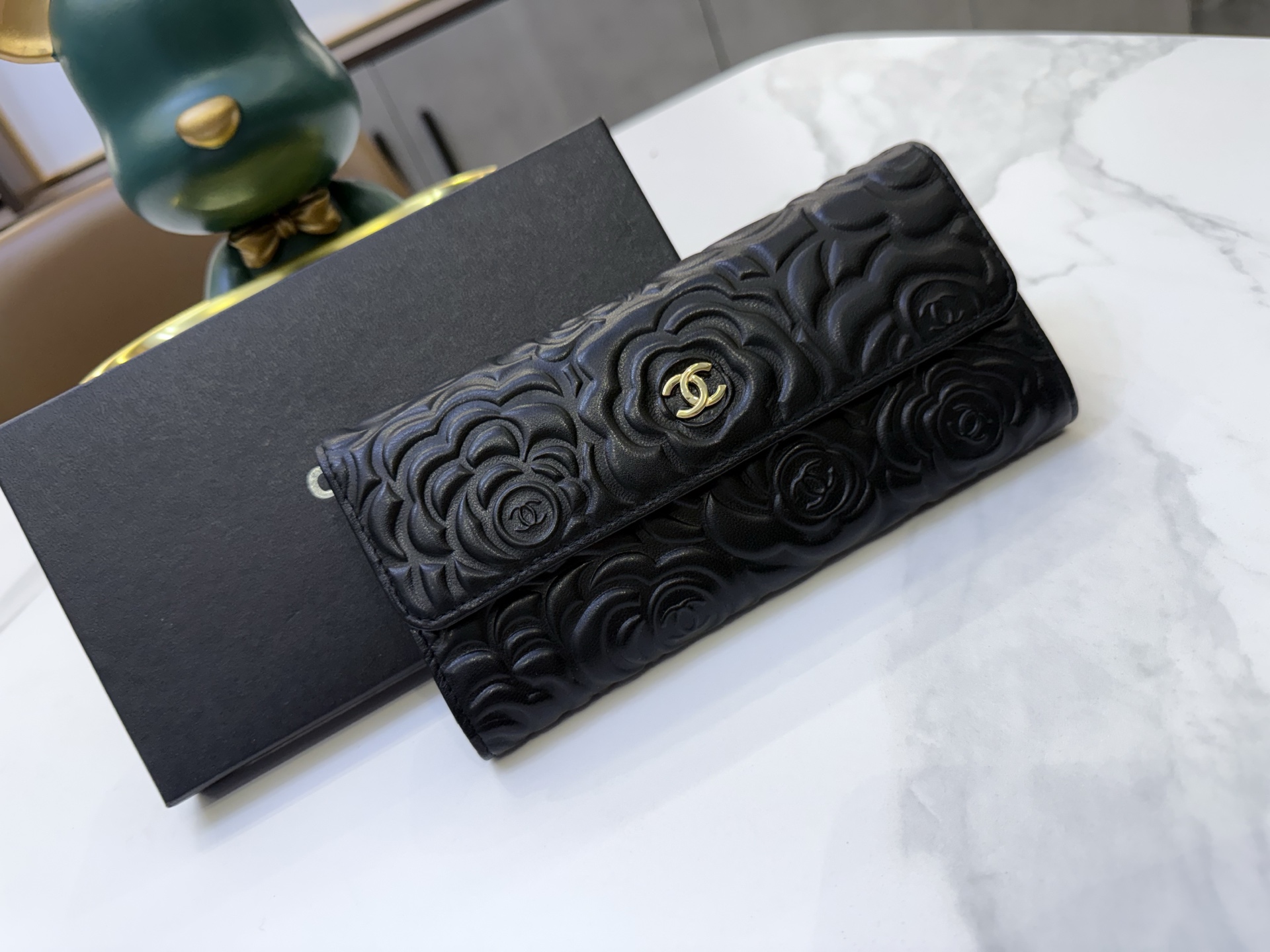 Chanel Black Camellia Embossed Smooth Leather Long Flap Wallet - KAIROO