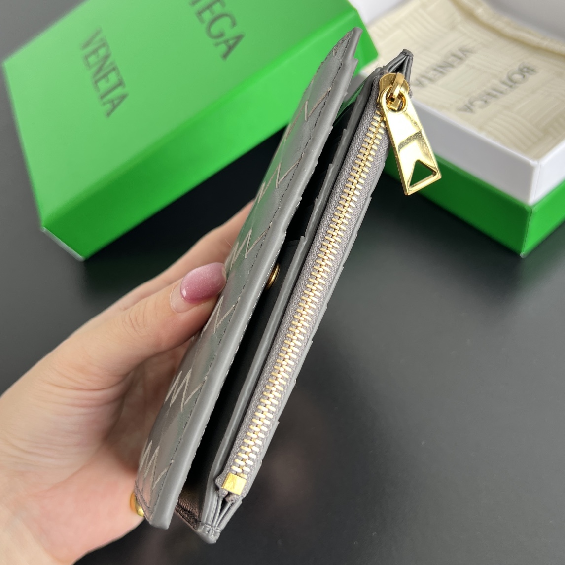 Bottega Veneta Solstice Medium Folded Wallet in Grey Intreccio Leather