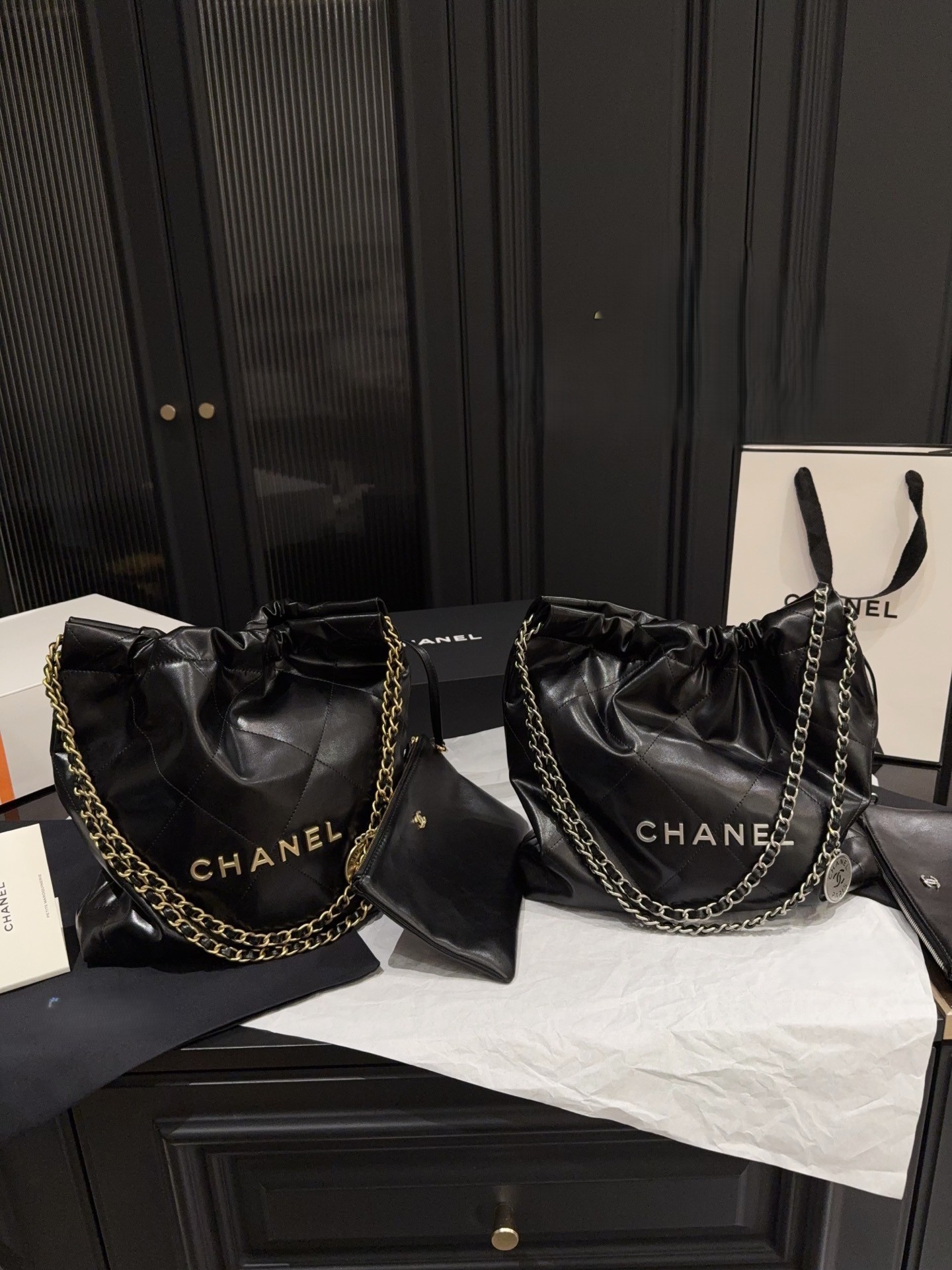 Chanel 22 Medium Quilted Leather Logo Charm Drawstring Trash Bucket Hobo Shoulder Bag With Pouch - KAIROO