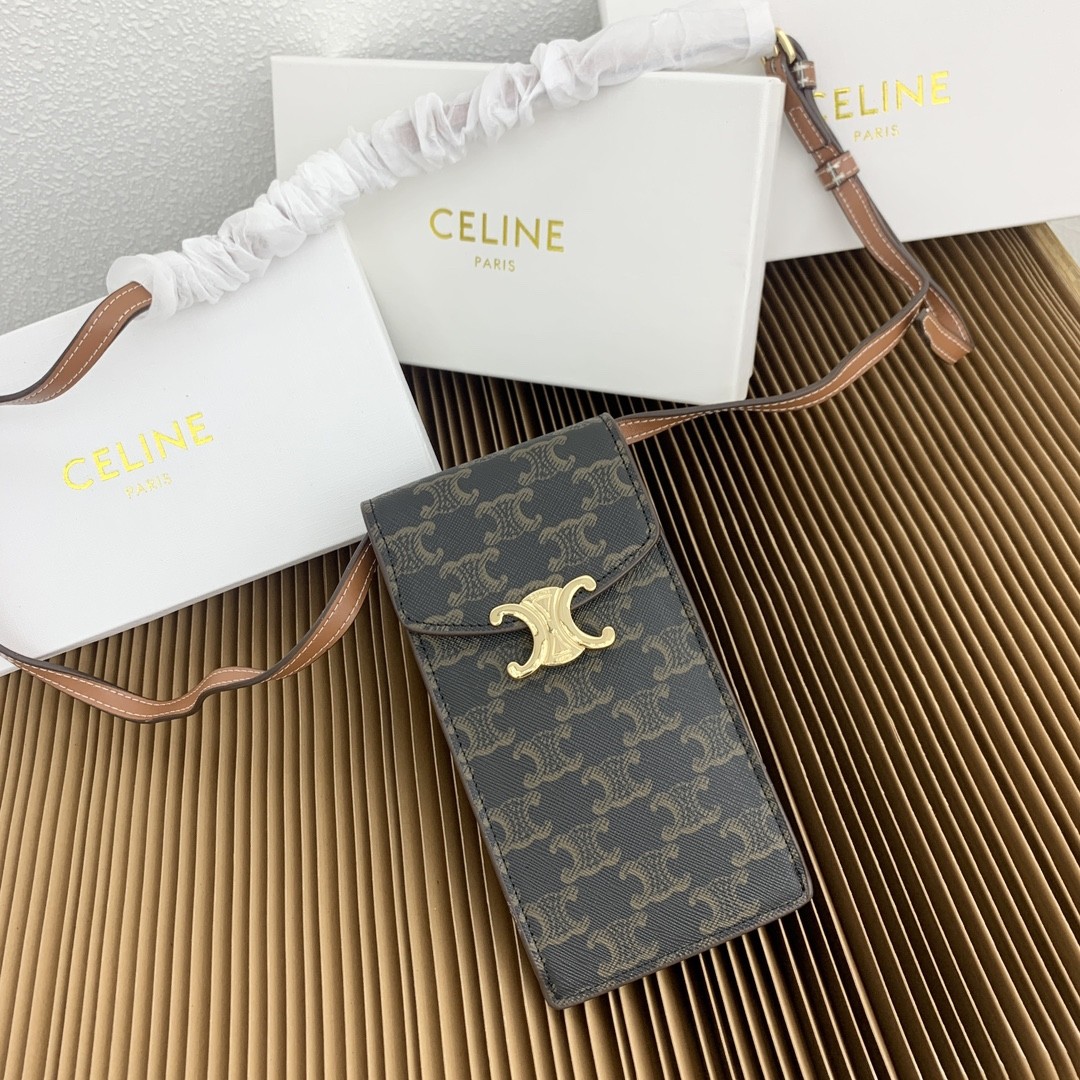 Celine Triomphe Monogram Canvas Gold Metallic Closure Vertical Phone Pouch Bag - KAIROO