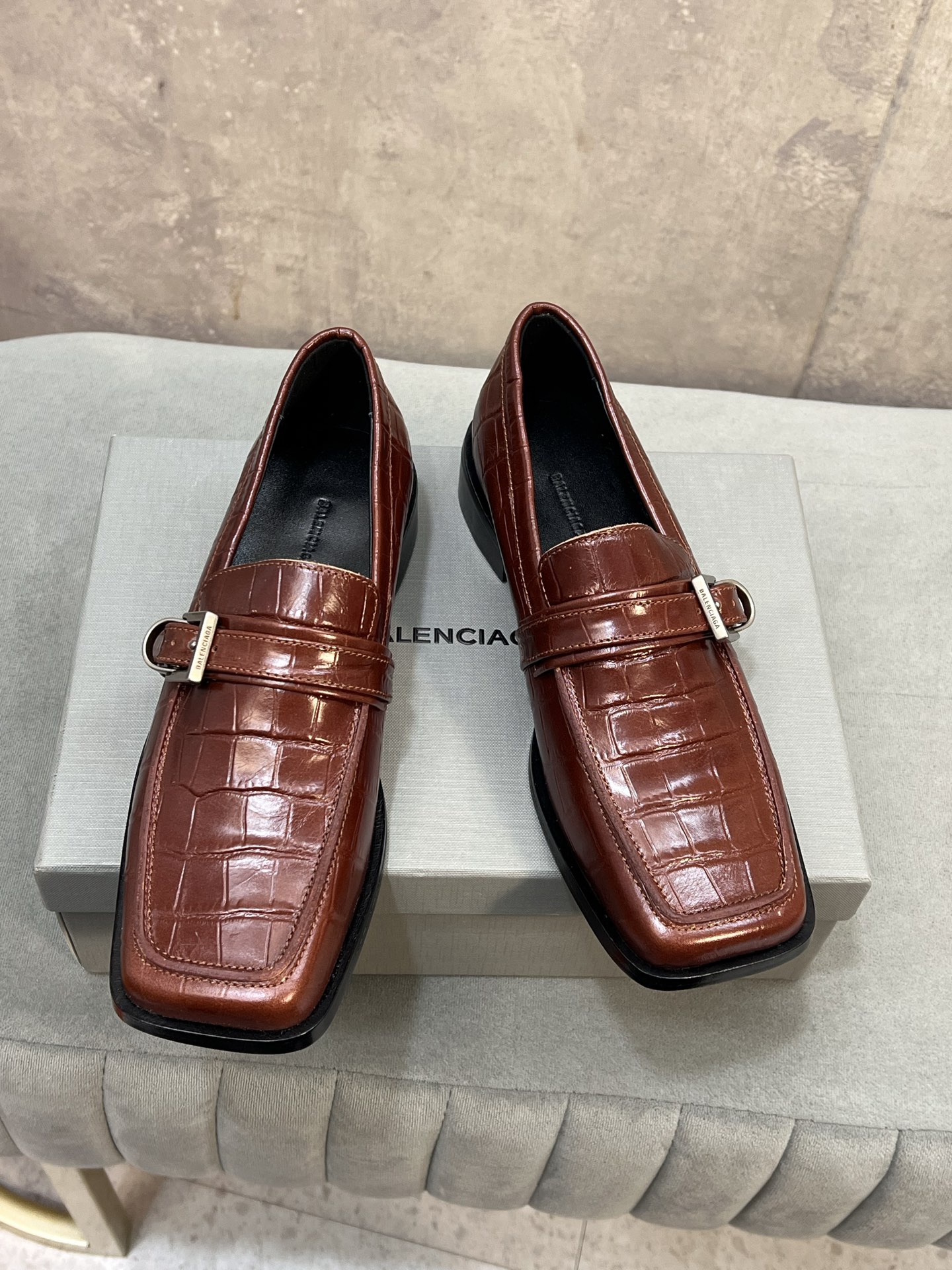 Balenciaga Cognac Brown Croc-Effect Embossed Leather Metal Buckle Square Toe Loafers - KAIROO