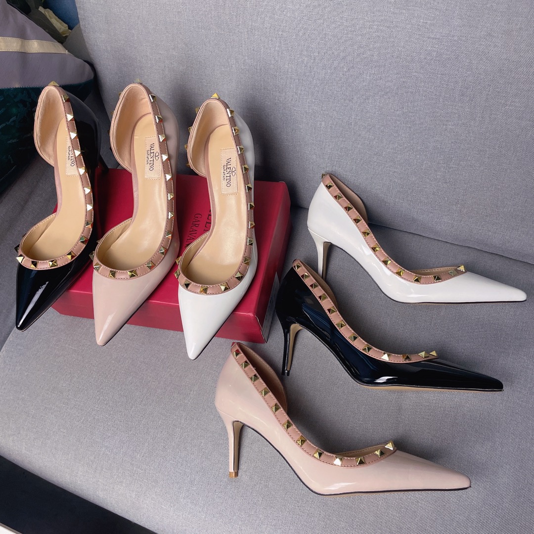 Valentino Garavani Rockstud Pointed Toe Pyramid Studded Patent Leather Slingback Pumps Heels - KAIROO